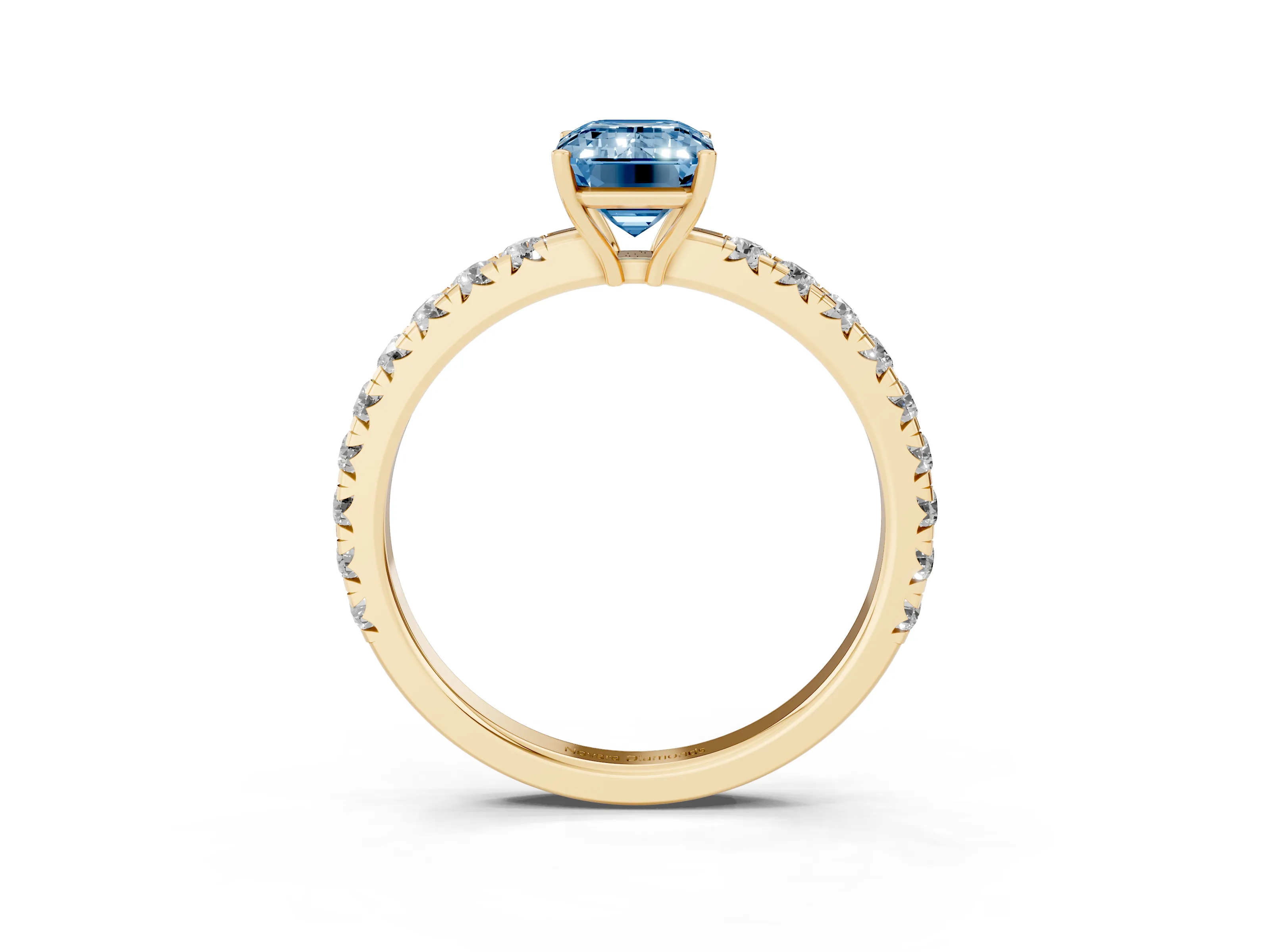 Fancy Blue Emerald Cut Diamond Pavé Solitaire Engagement Ring Set in Yellow gold with Prong Setting
