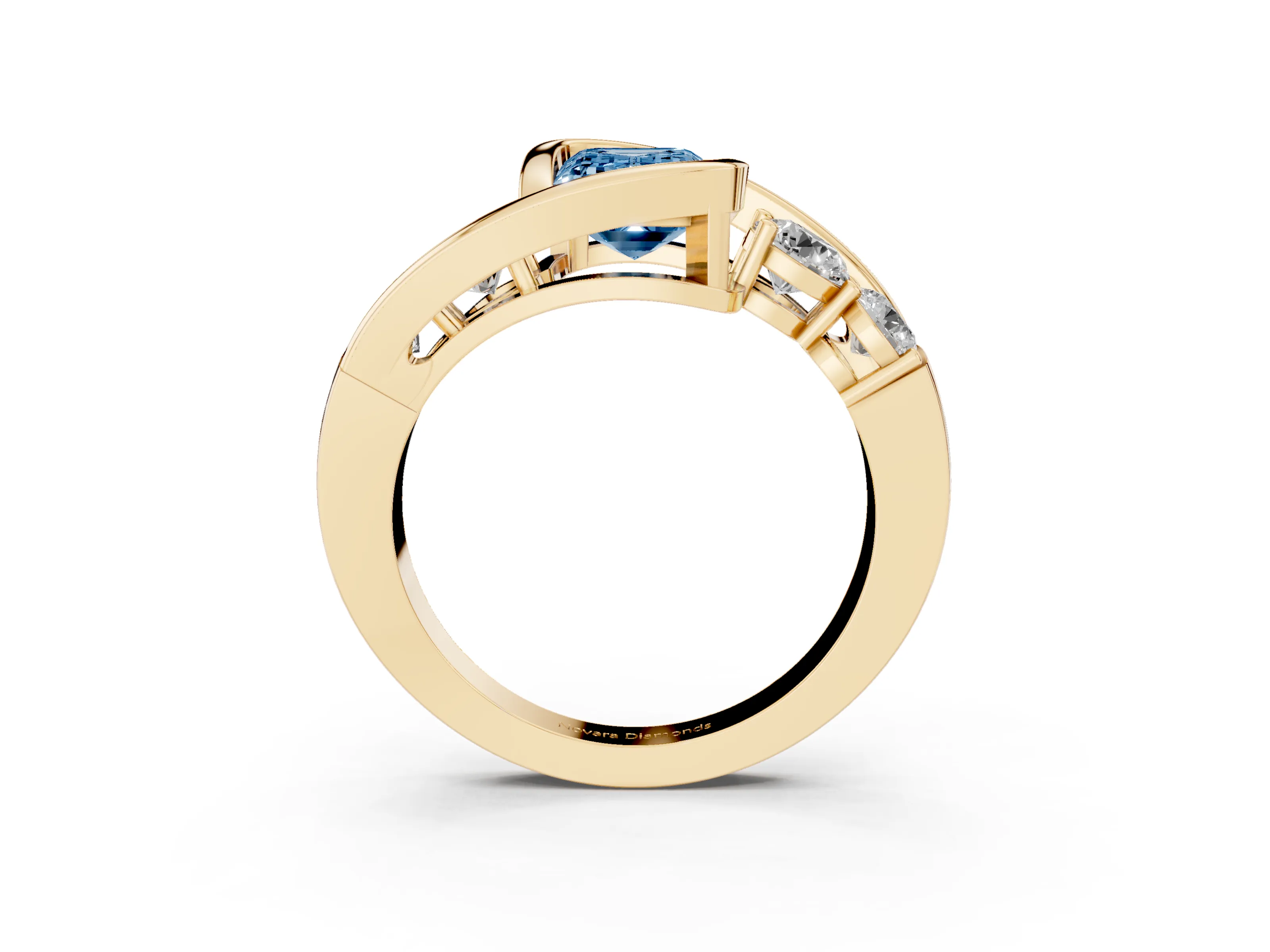Fancy Blue Emerald Cut Diamond Bezel Bypass Ring Set in Yellow gold with Round Accents
