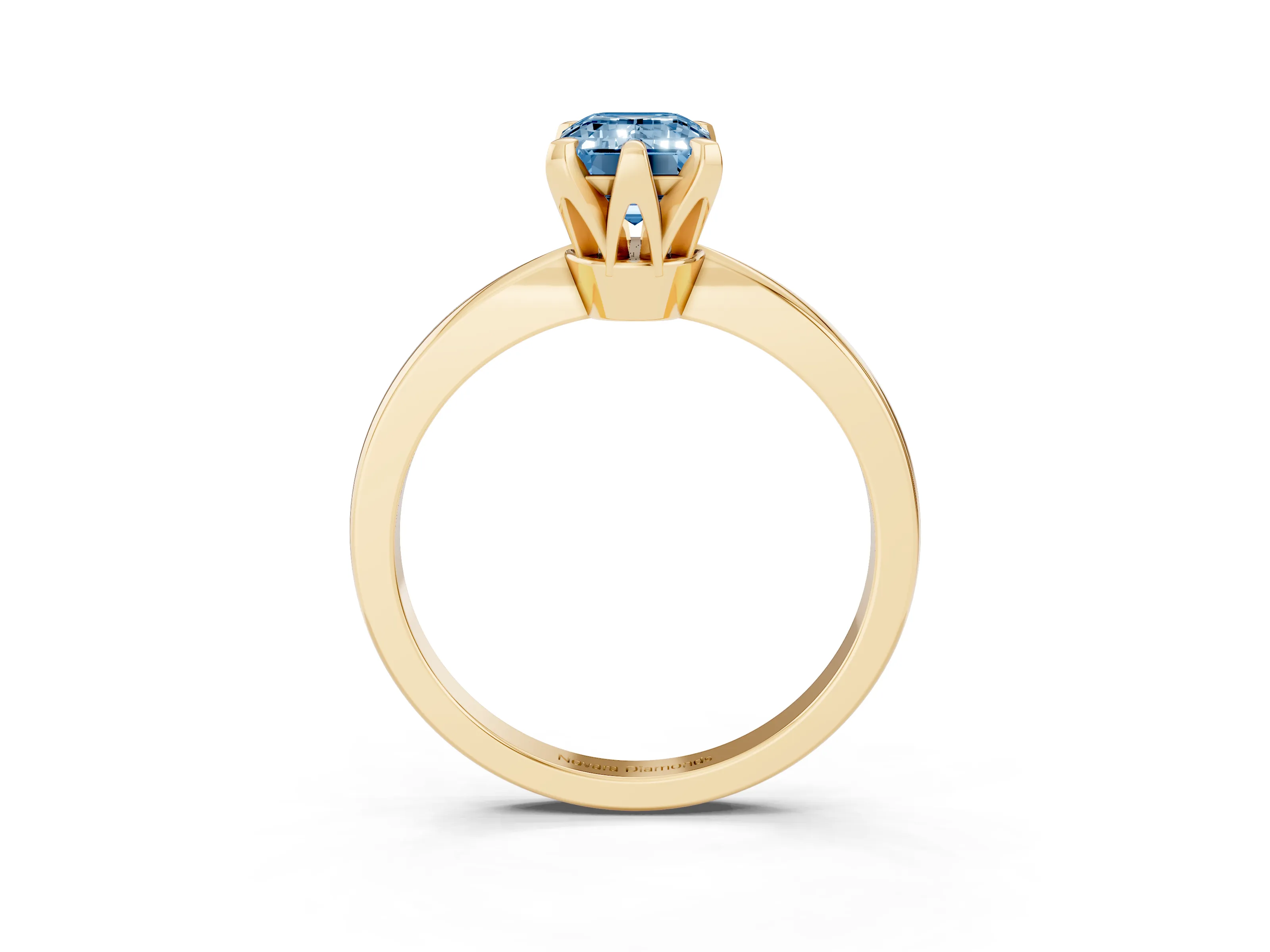 Fancy Blue Emerald Cut Diamond Solitaire Engagement Ring Set in Yellow gold with Slim Tapered Solitaire Band