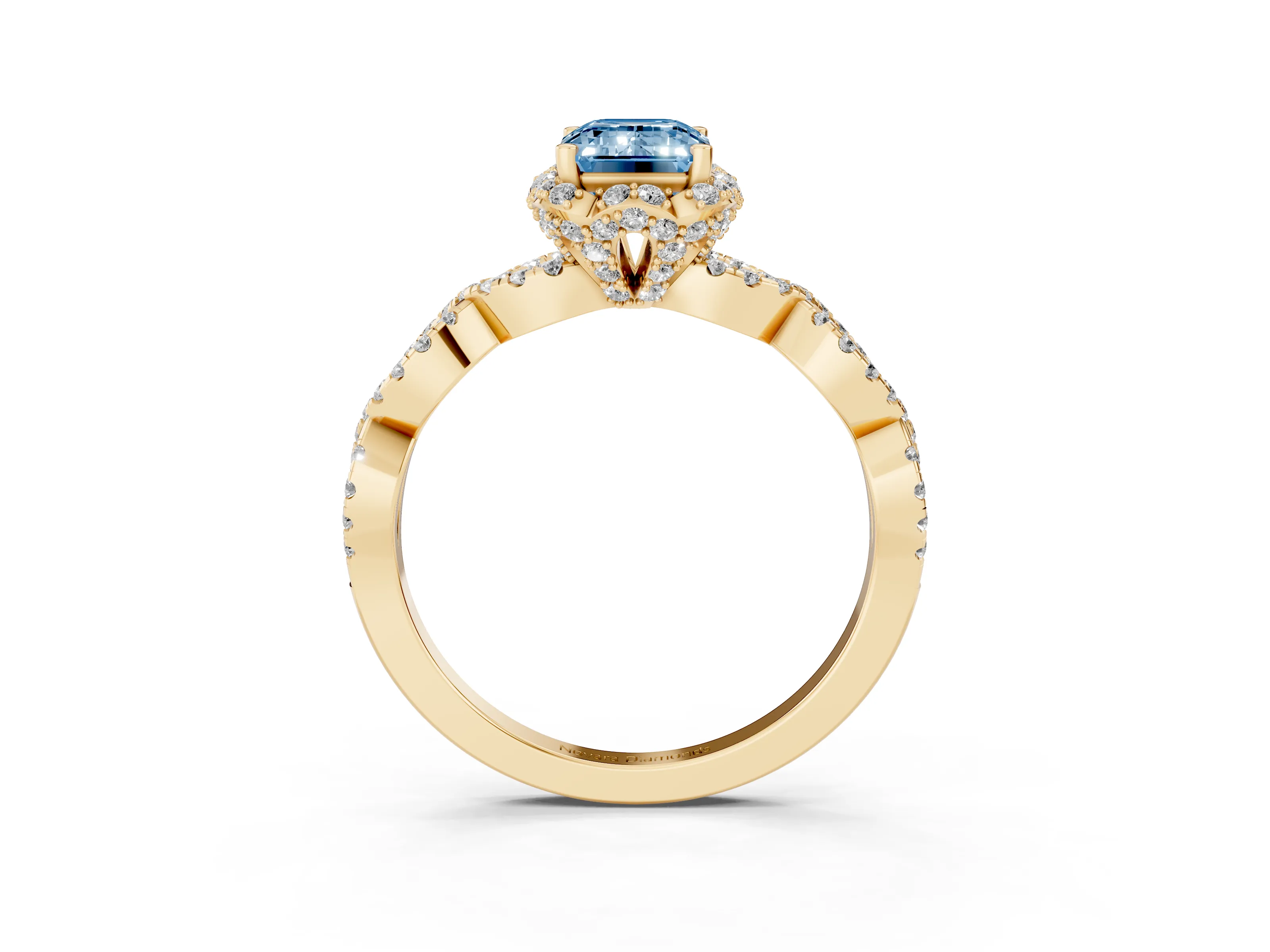 Fancy Blue Emerald Cut Diamond Halo Twist Band Solitaire Ring Set in Yellow gold with Prong-Set Center Stone
