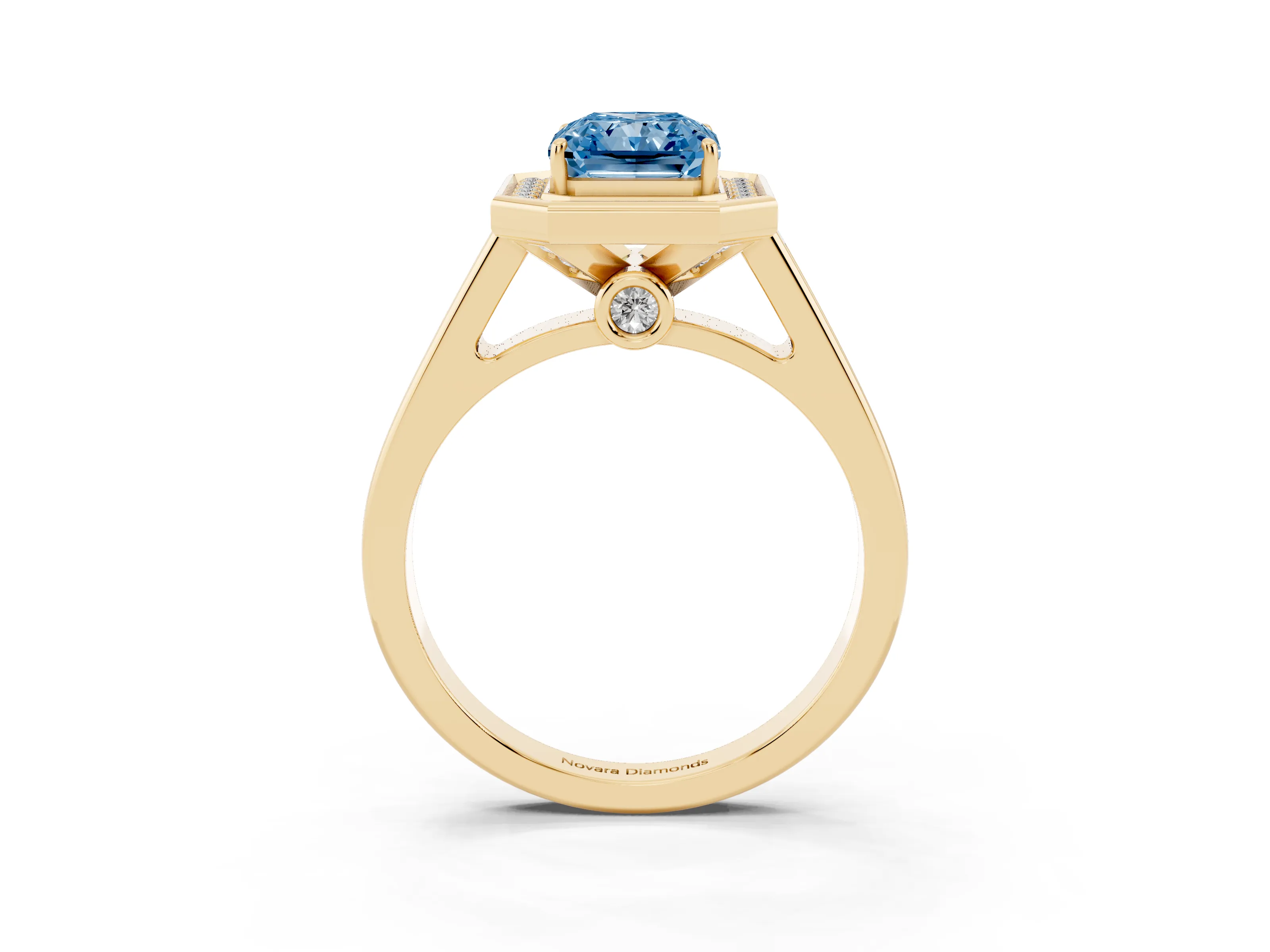 Fancy Blue Emerald Cut Diamond Halo Solitaire Ring Set in Yellow gold with Pavé Band and Bezel Setting