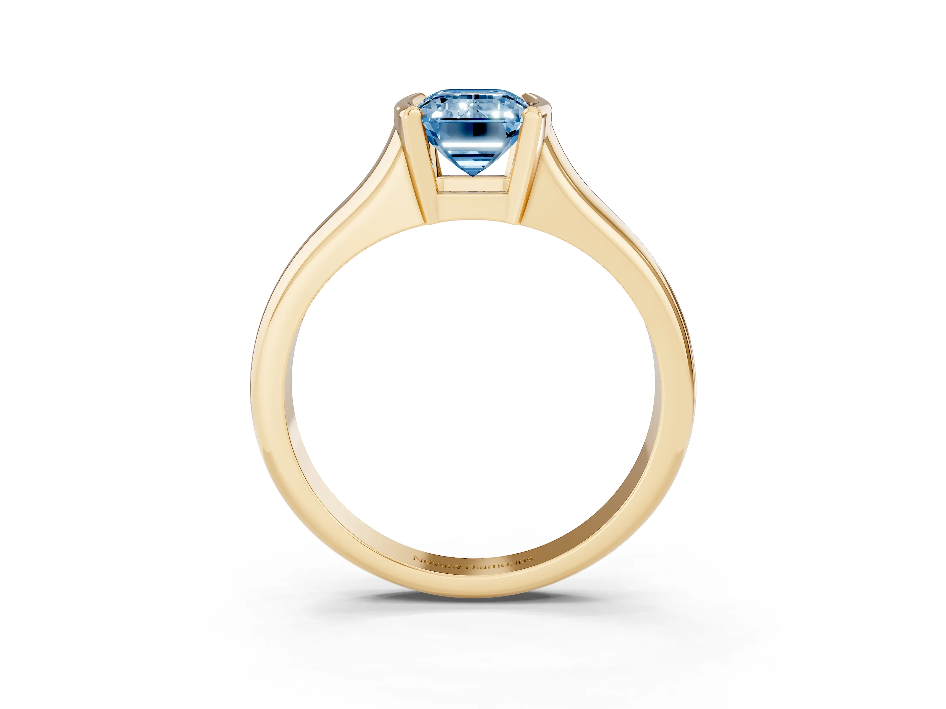 Fancy Blue Emerald Cut Diamond Solitaire Tension Set Ring Set in Yellow gold with Split Shank Band