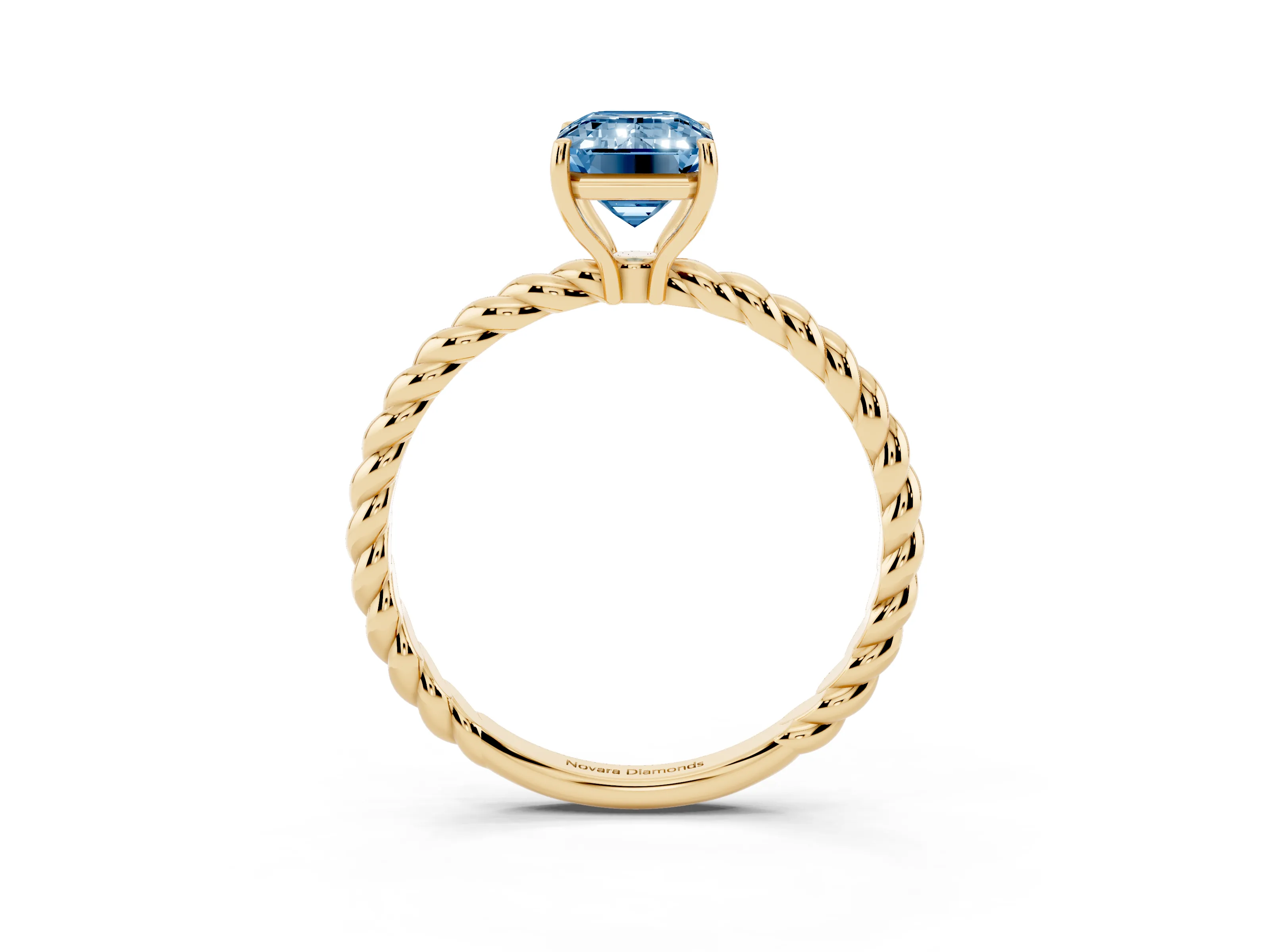 Fancy Blue Emerald Cut Diamond Solitaire Ring Set in Yellow gold with Twist Band and Prong Setting