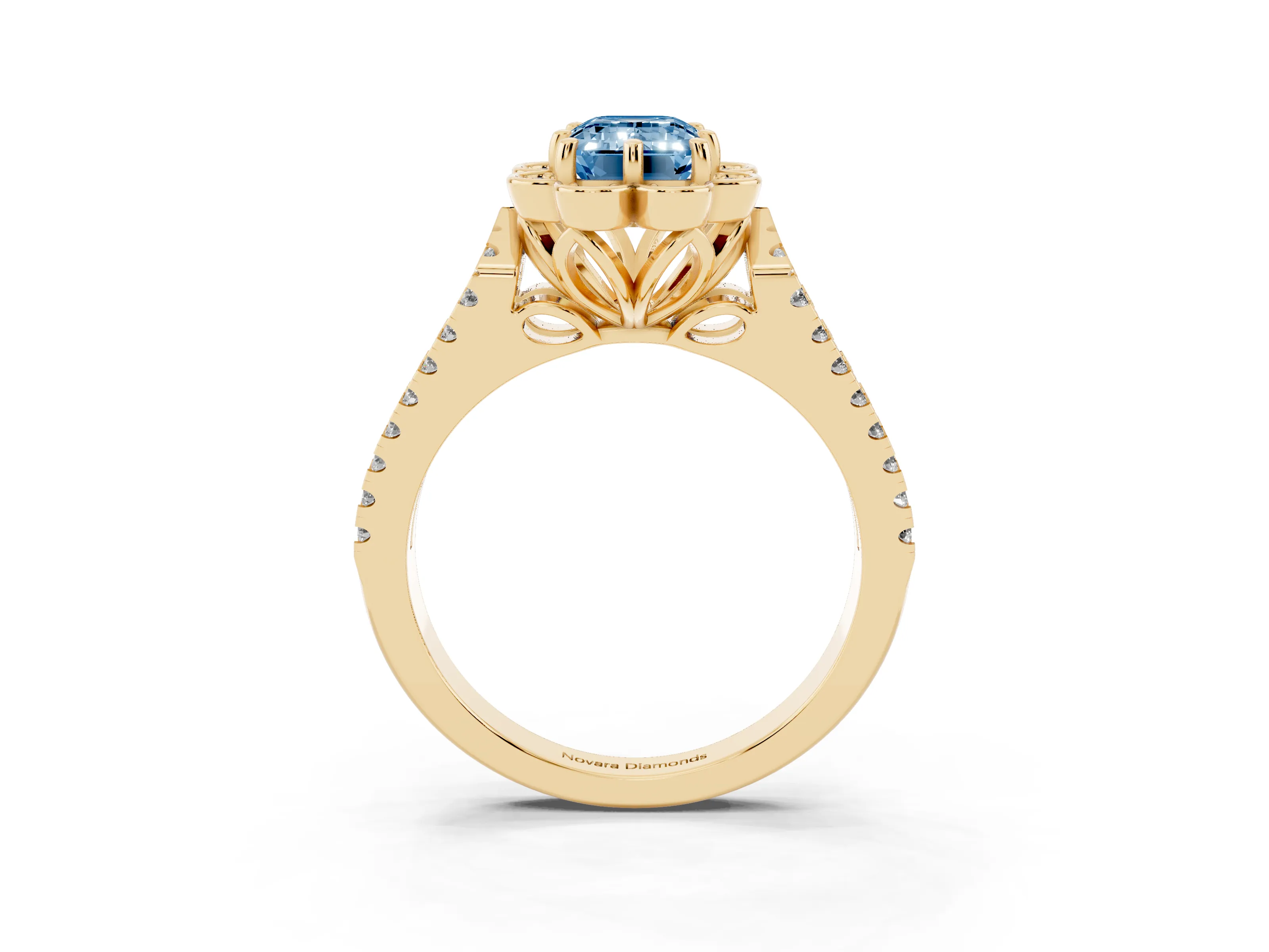 Fancy Blue Emerald Cut Diamond Floral Halo Split Shank Engagement Ring Set in Yellow gold with Pavé Shank