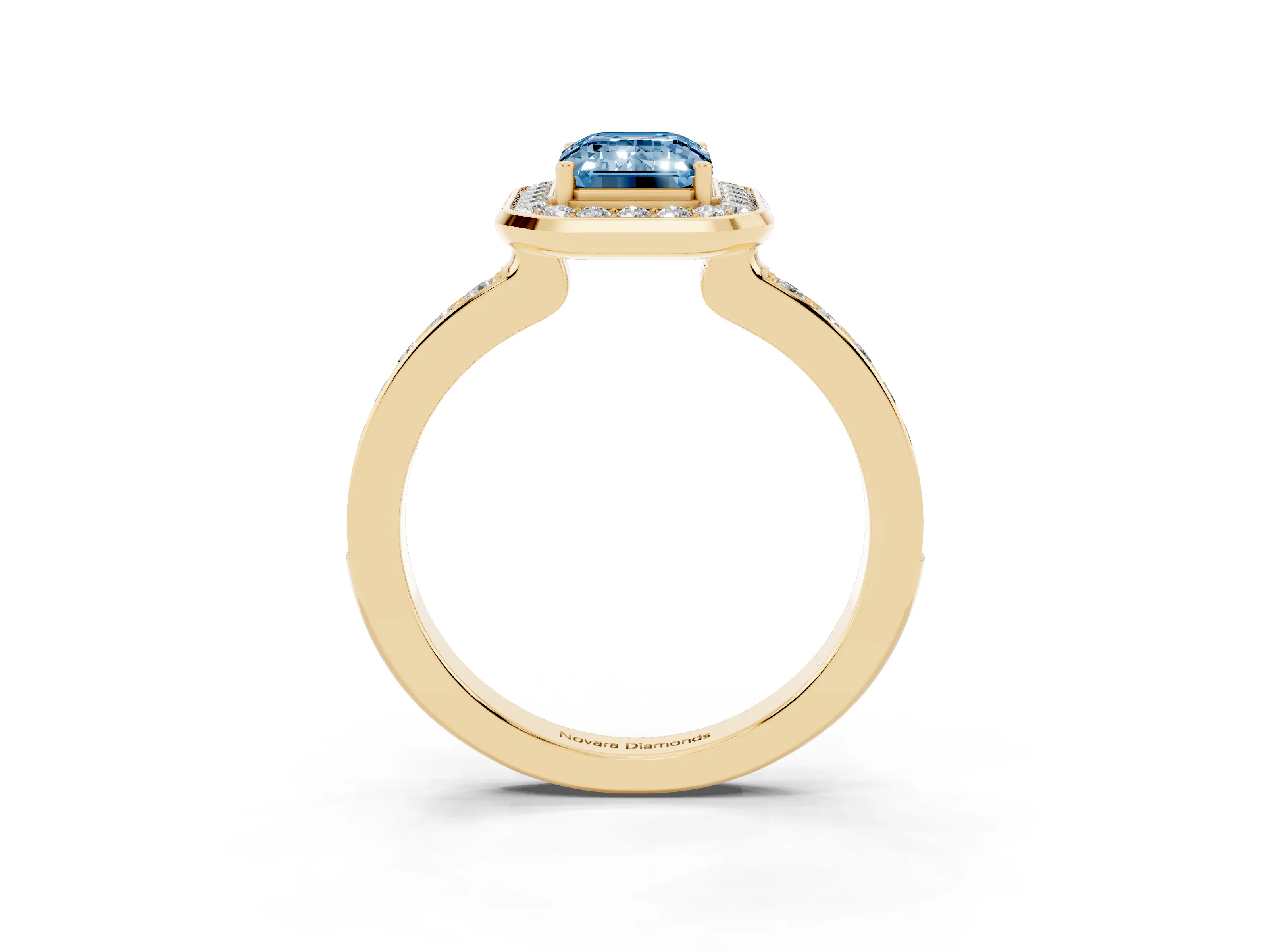 Fancy Blue Emerald Cut Diamond Halo Ring Set in Yellow gold with Bezel Frame and Pavé Band
