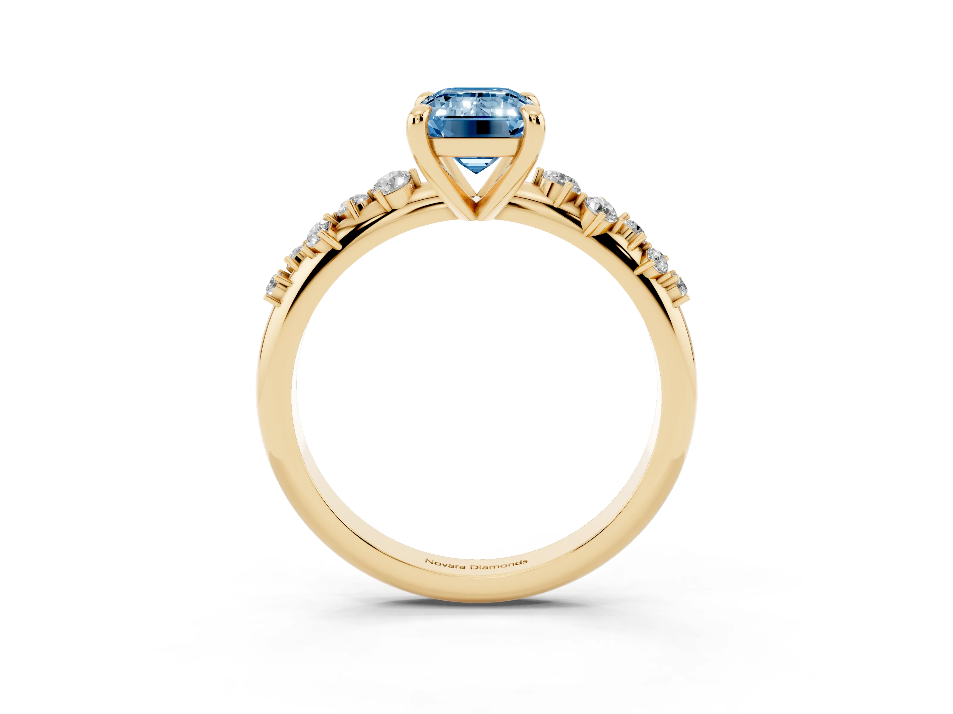 Fancy Blue Emerald Cut Diamond Solitaire Vine Band Ring Set in Yellow gold with Round Accents and Prong Setting