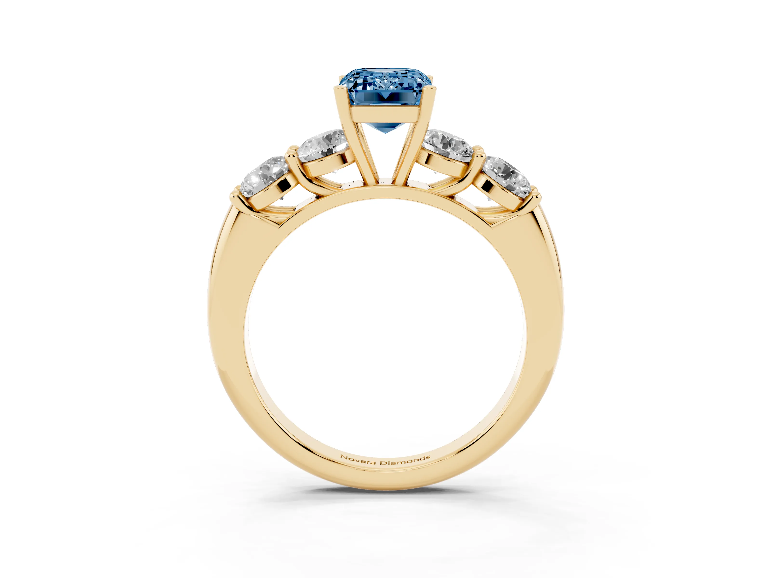 Fancy Blue Emerald Cut Diamond Five-Stone Prong Set Ring Set in Yellow gold with Classic Band