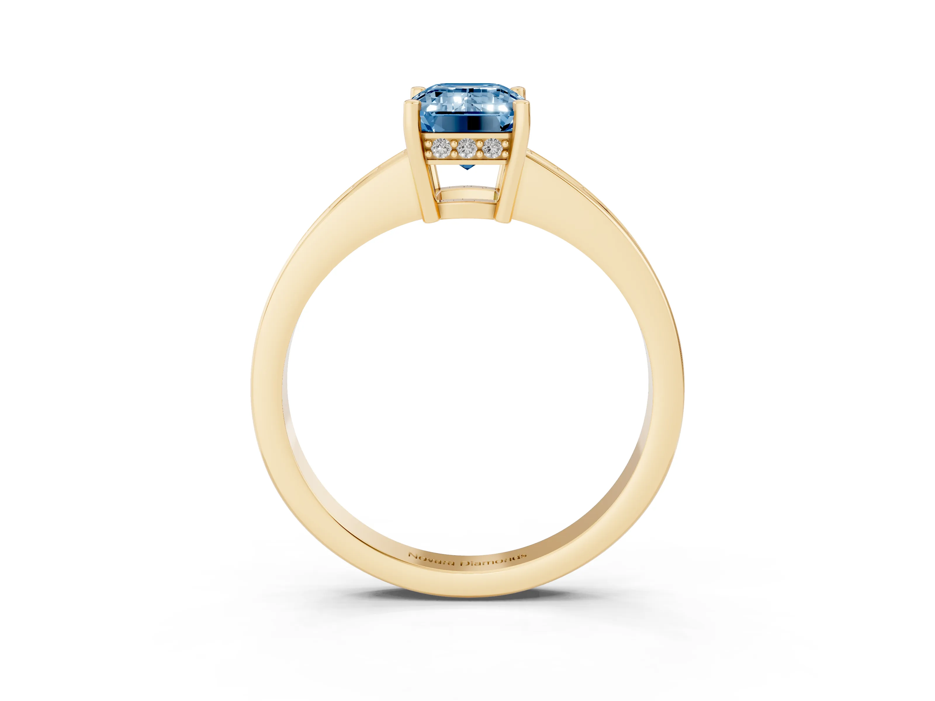 Fancy Blue Emerald Cut Diamond Pavé Band Prong Set Solitaire Ring Set in Yellow gold