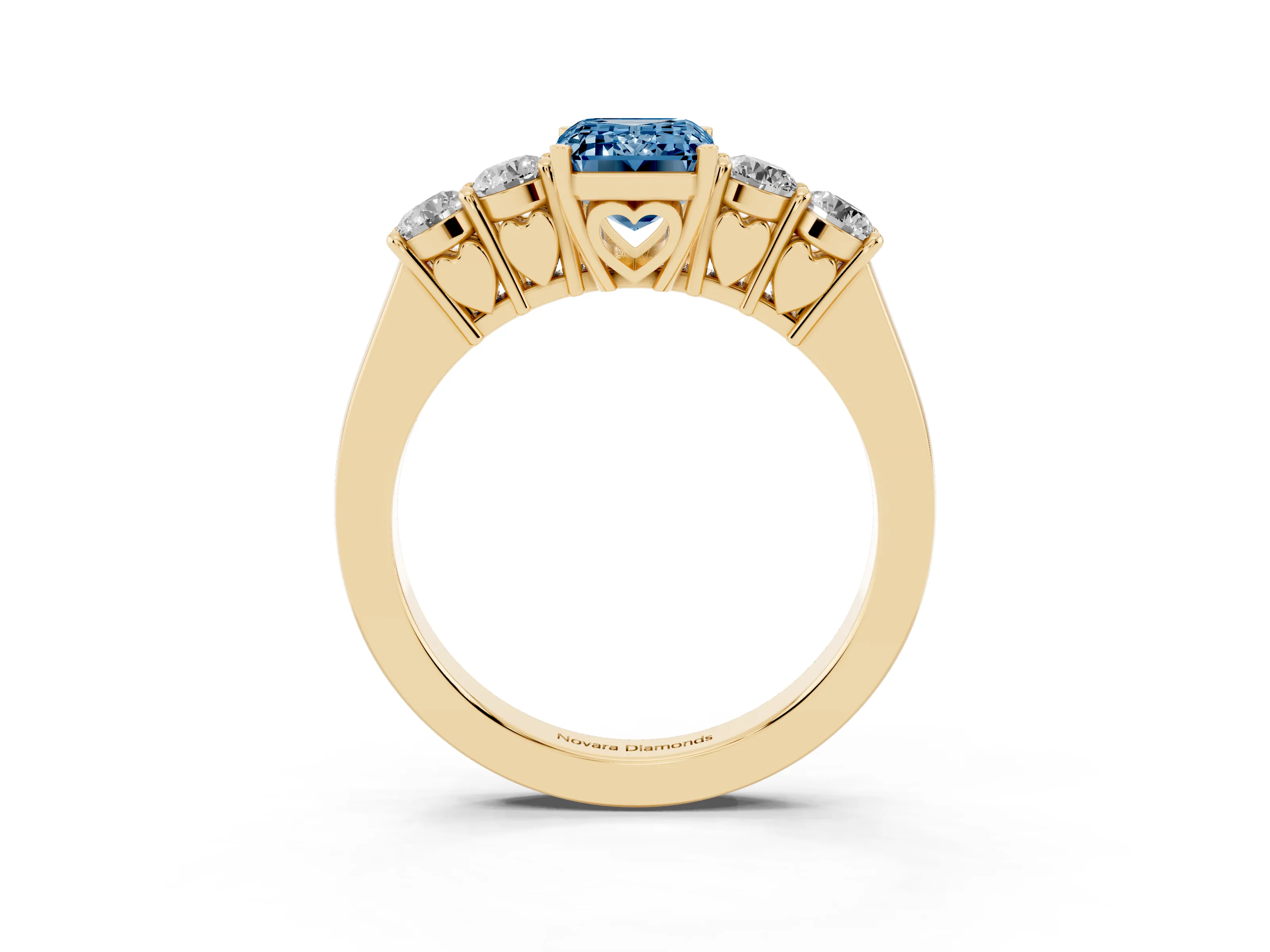 Fancy Blue Emerald Cut Diamond Five-Stone Prong Set Band Ring Set in Yellow gold with Polished Band