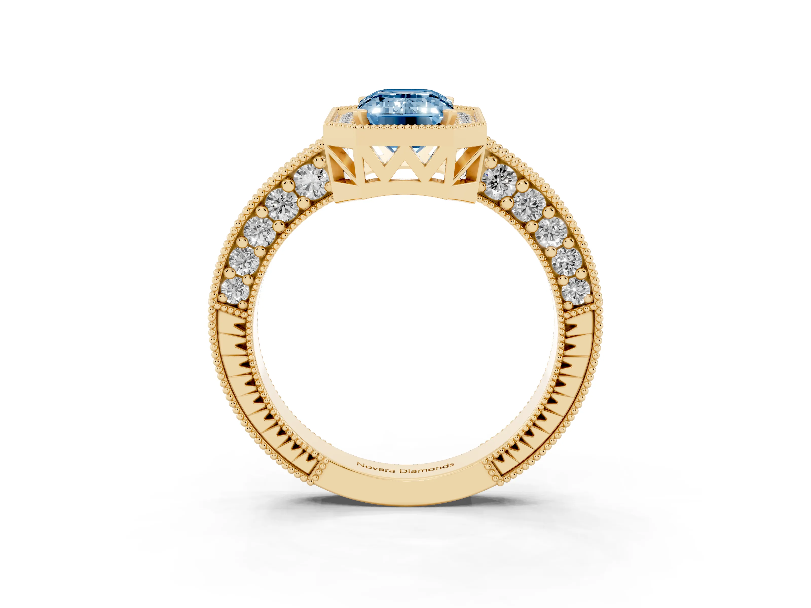 Fancy Blue Emerald Cut Diamond Halo Pavé Band Ring Set in Yellow gold with Prong-Set Center