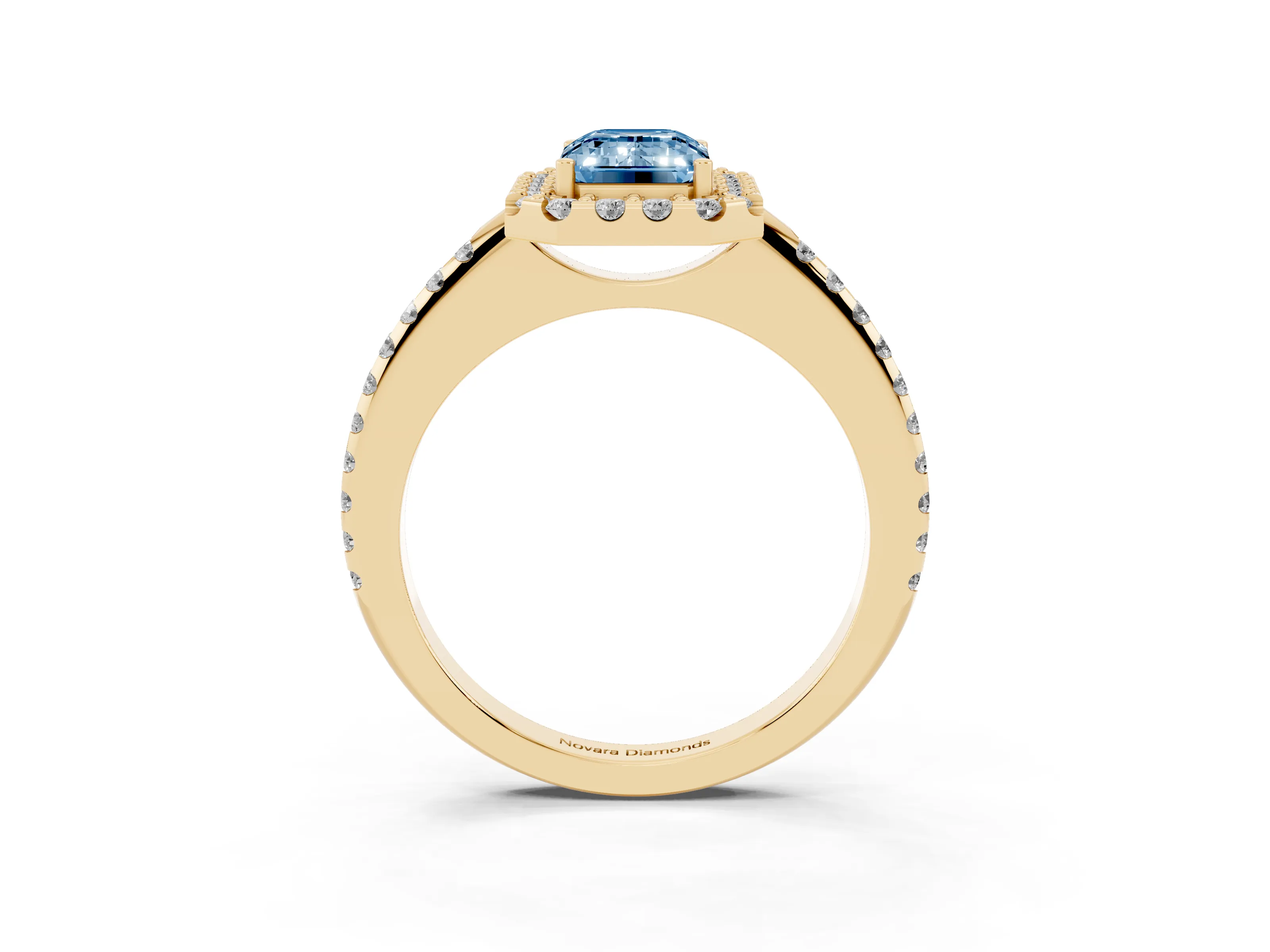 Fancy Blue Emerald Cut Diamond Pavé Halo Ring Set in Yellow gold with Prong Setting