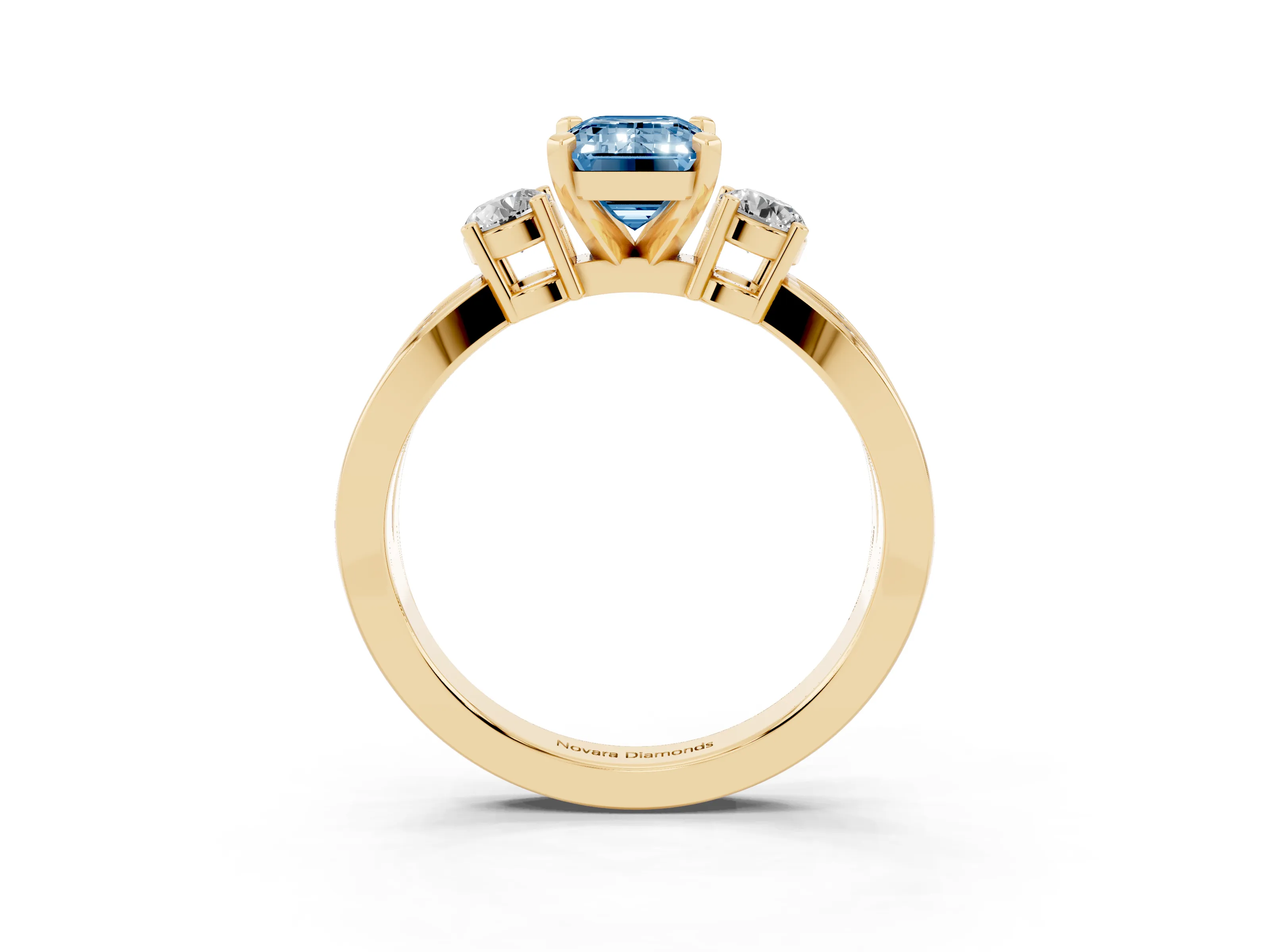 Fancy Blue Three-Stone Emerald Cut Diamond Twist Band Ring Set in Yellow gold with Pavé Accents and Prong Setting