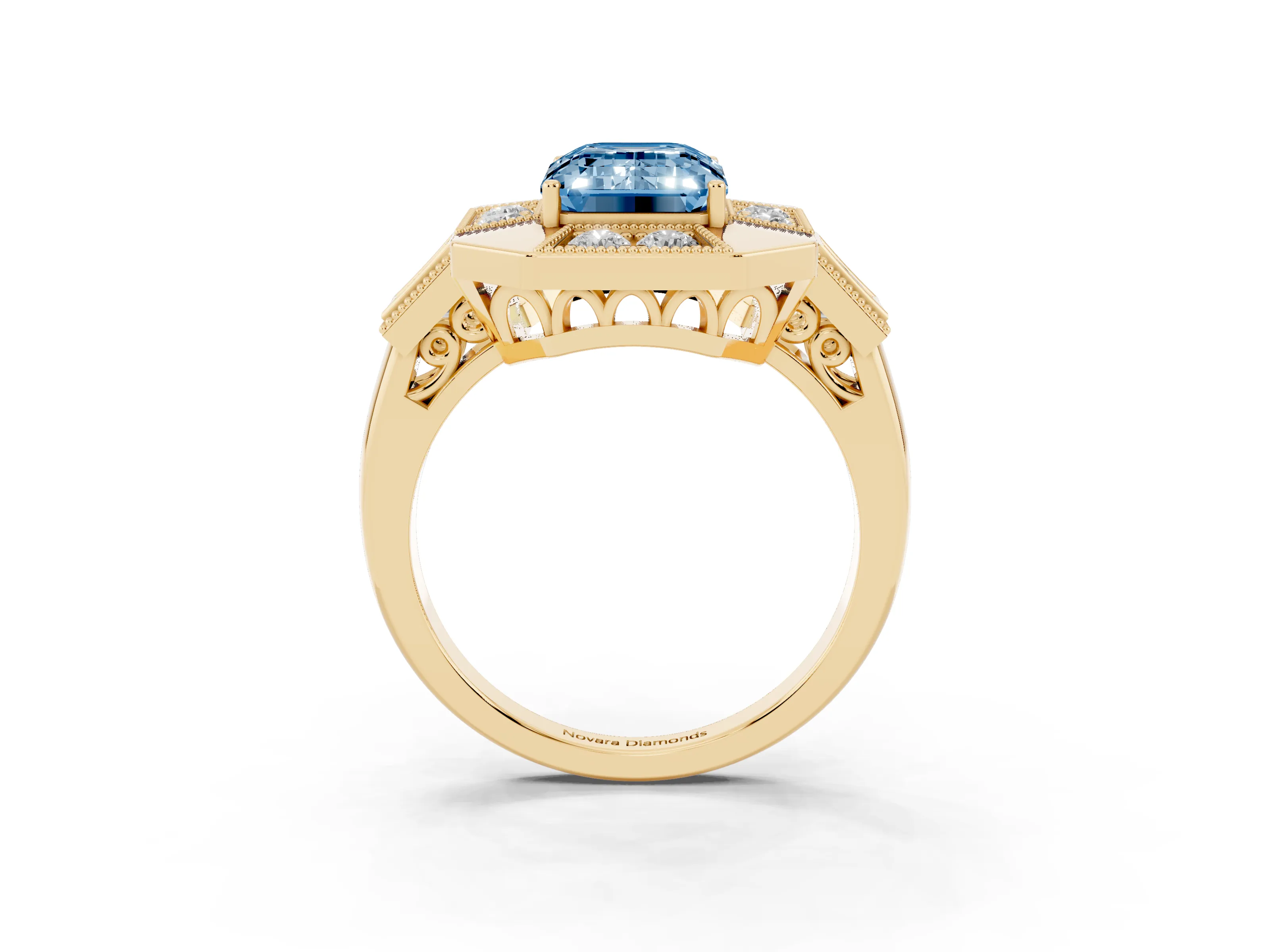 Fancy Blue Emerald Cut Diamond Milgrain Halo Ring Set in Yellow gold with Split Shank