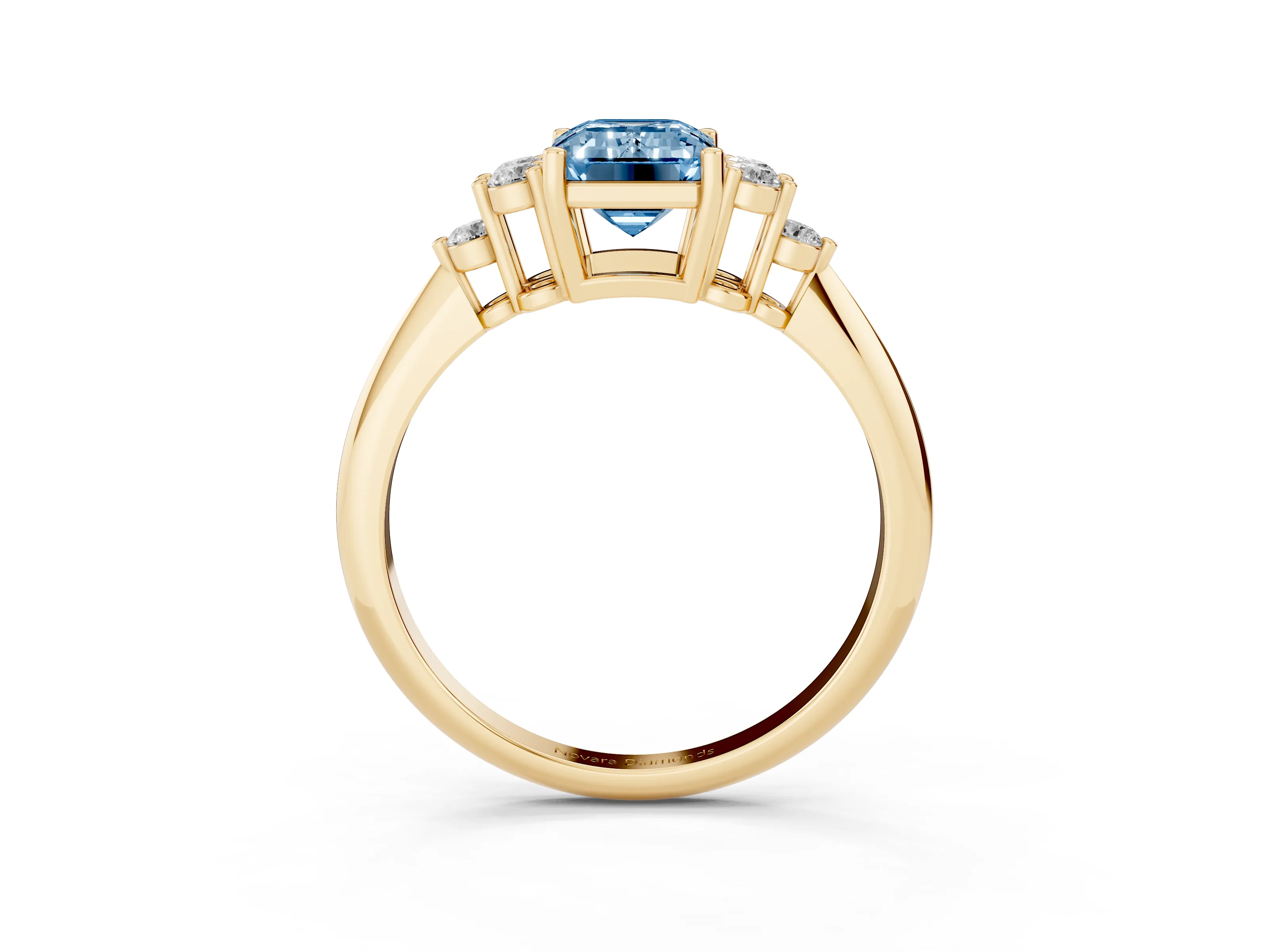 Fancy Blue Emerald Cut Diamond Cluster Ring Set in Yellow gold with Plain Band and Prong Setting