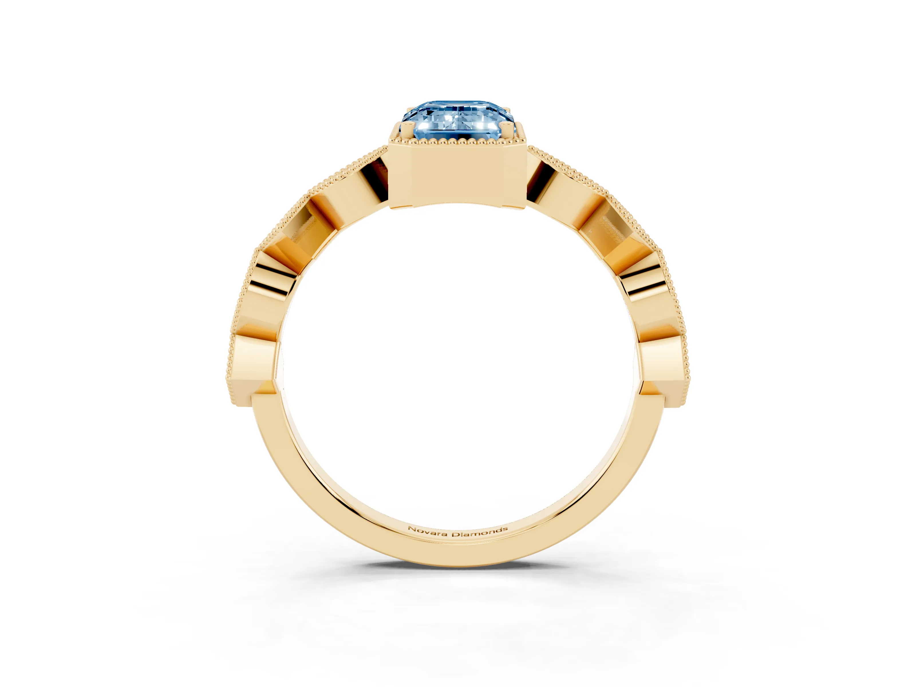 Fancy Blue Emerald Cut Diamond Milgrain Marquise Twist Band Ring Set in Yellow gold with Prong Setting