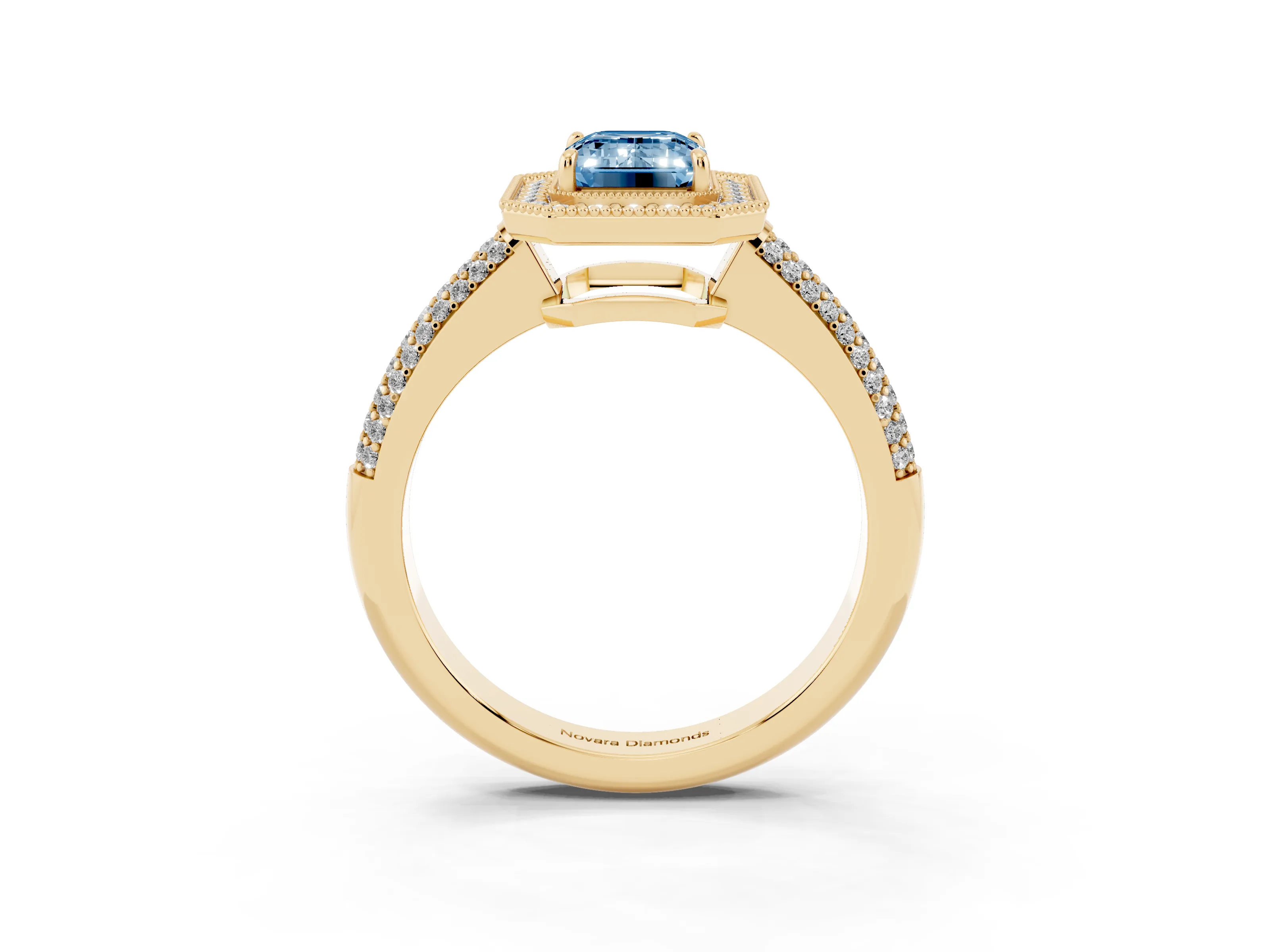 Fancy Blue Emerald Cut Diamond Halo Pavé Band Set in Yellow gold with Prong Setting