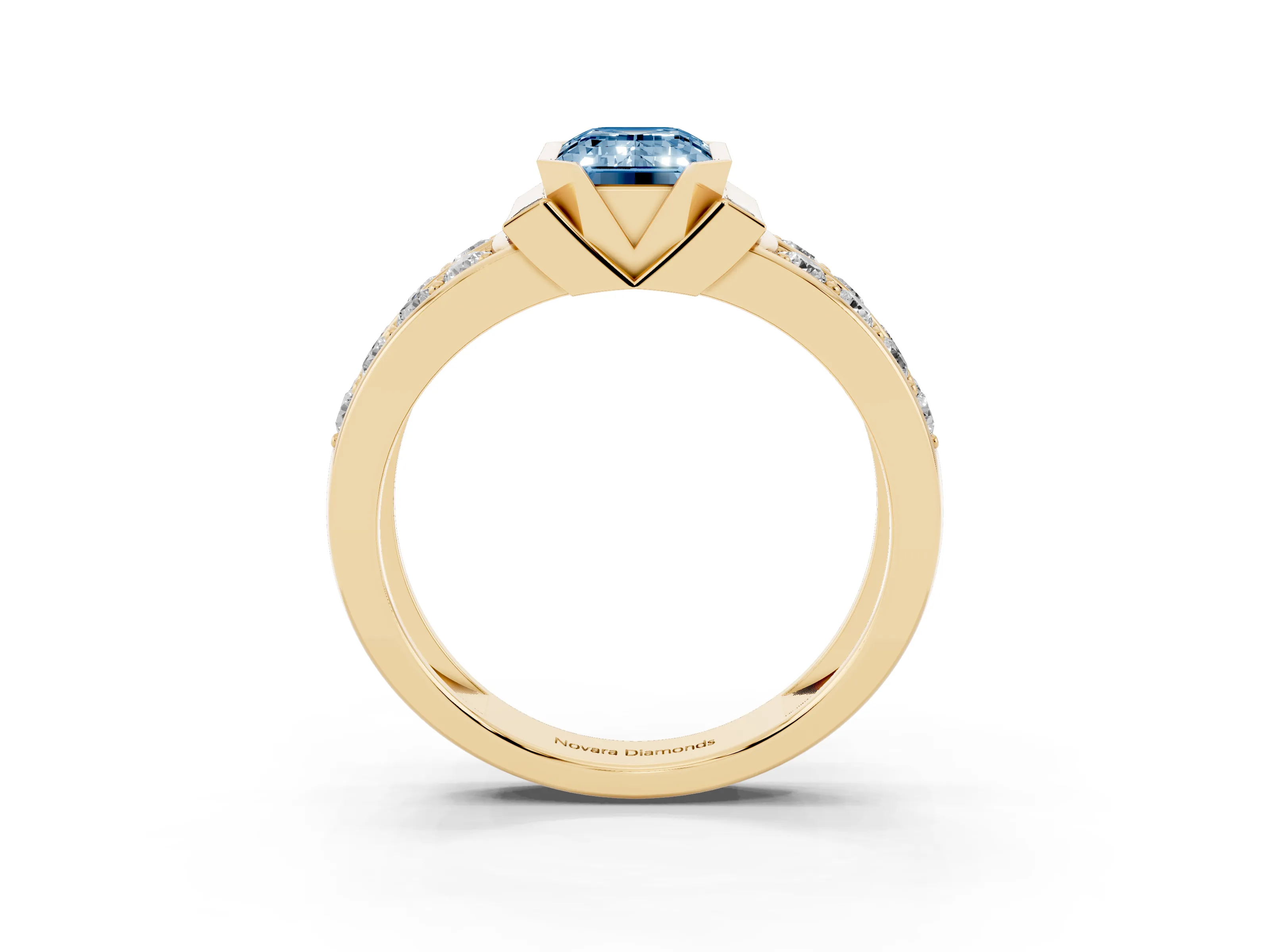 Fancy Blue Emerald Cut Diamond Wide Channel Set Band Ring Set in Yellow gold with Bezel Setting