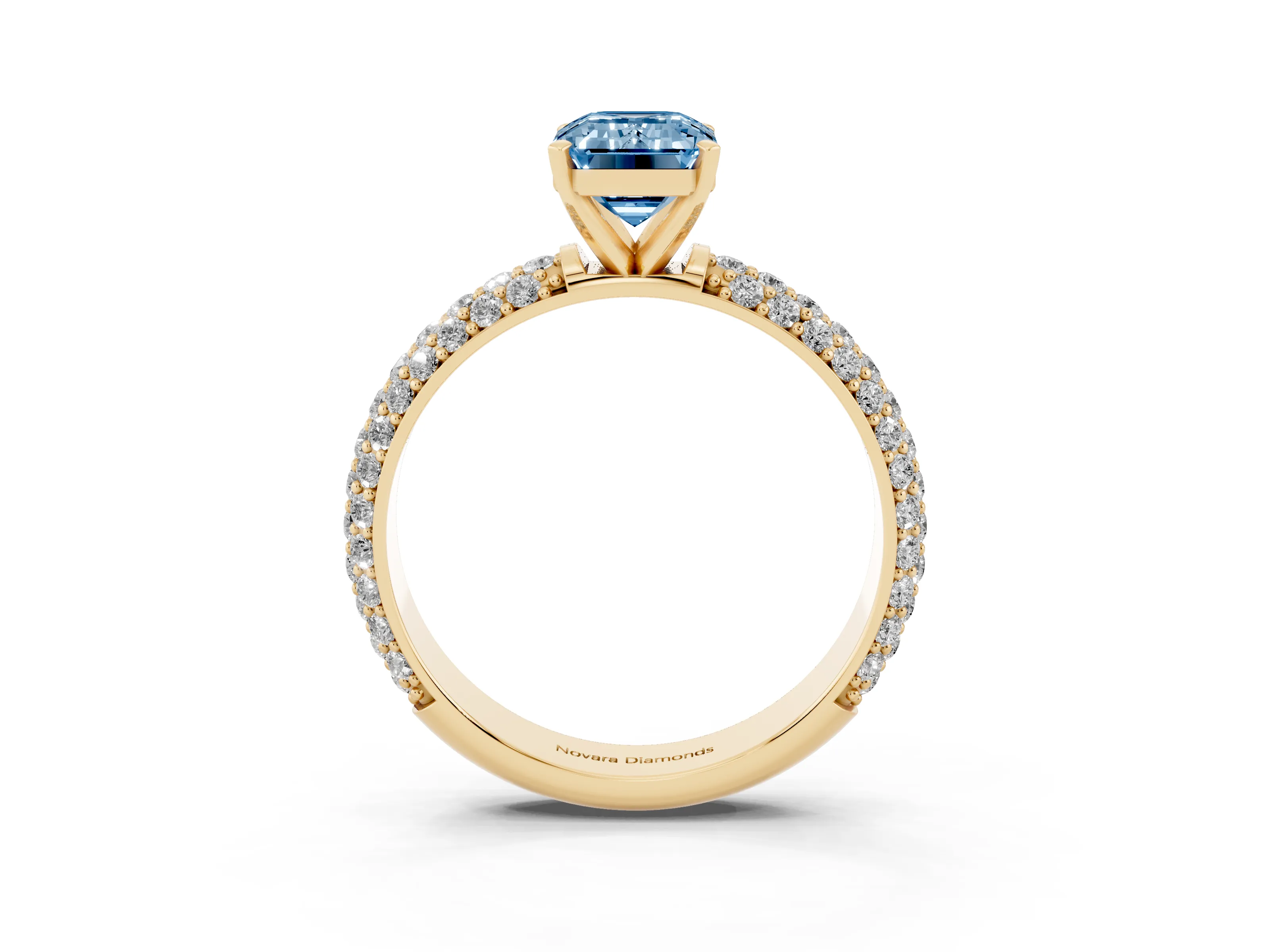 Fancy Blue Emerald Cut Diamond Solitaire Ring Set in Yellow gold with Prong Setting and Pavé-Set Band