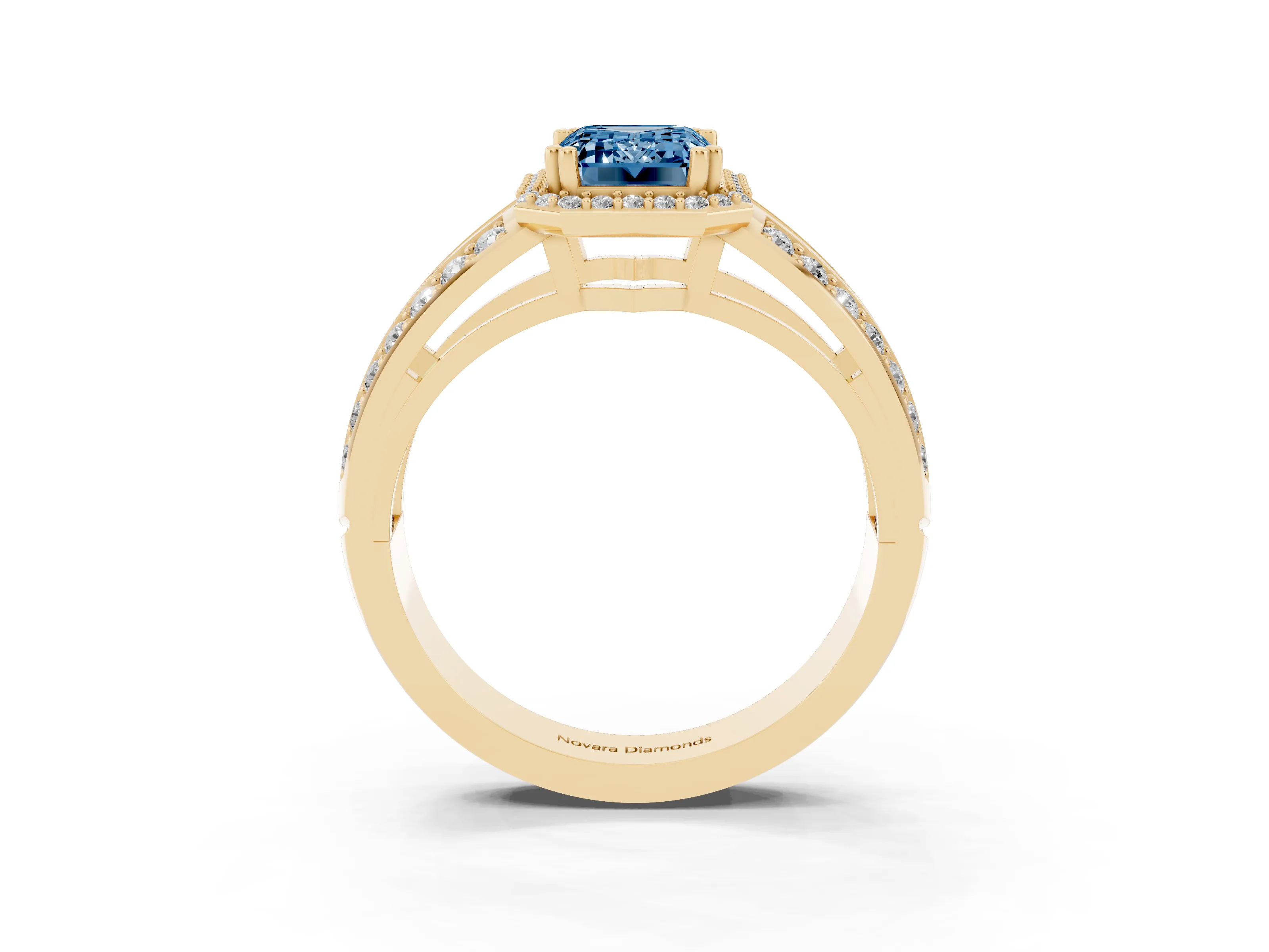 Fancy Blue Emerald Cut Diamond Halo Ring Set in Yellow gold with Double Pavé Split Shank