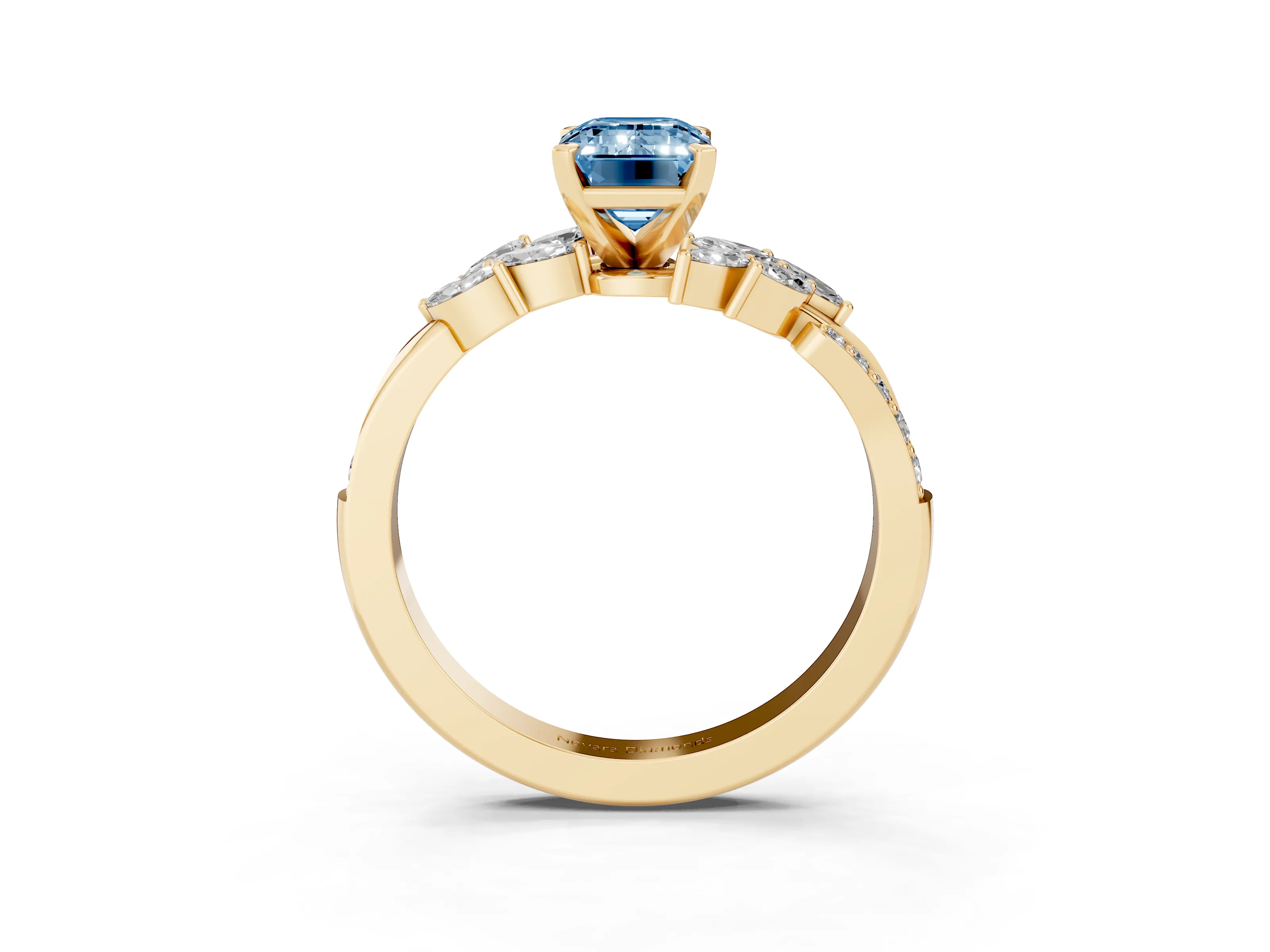 Fancy Blue Emerald Cut Diamond Solitaire Ring Set in Yellow gold with Marquise Twist Band and Prong Setting