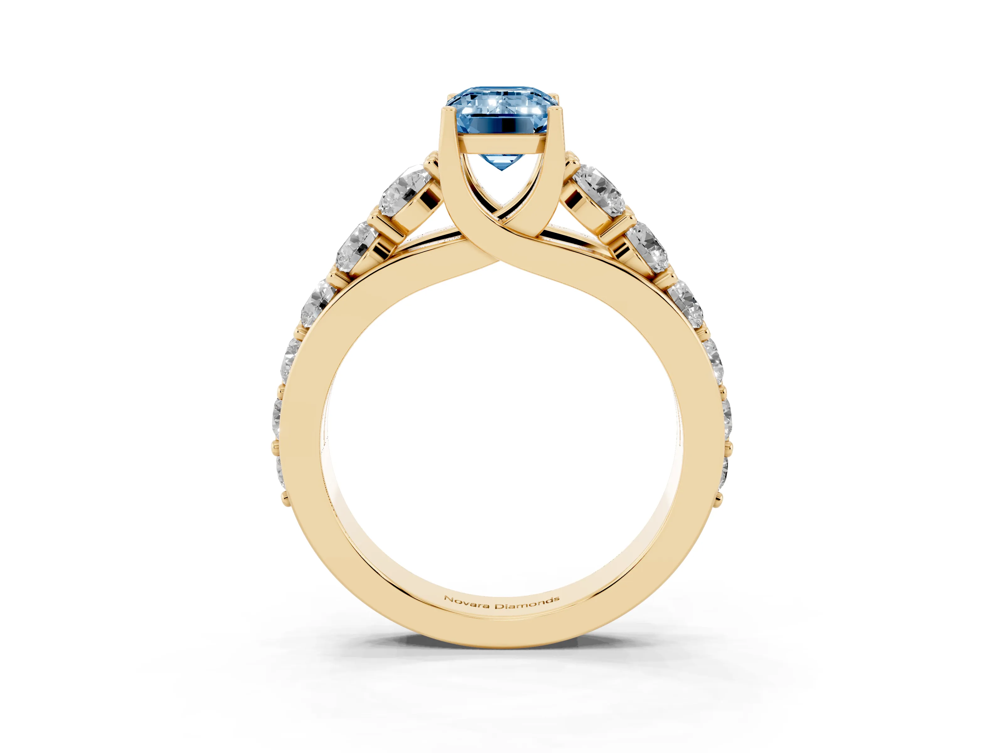 Fancy Blue Emerald Cut Diamond Pavé Engagement Ring Set in Yellow gold with Prong Setting