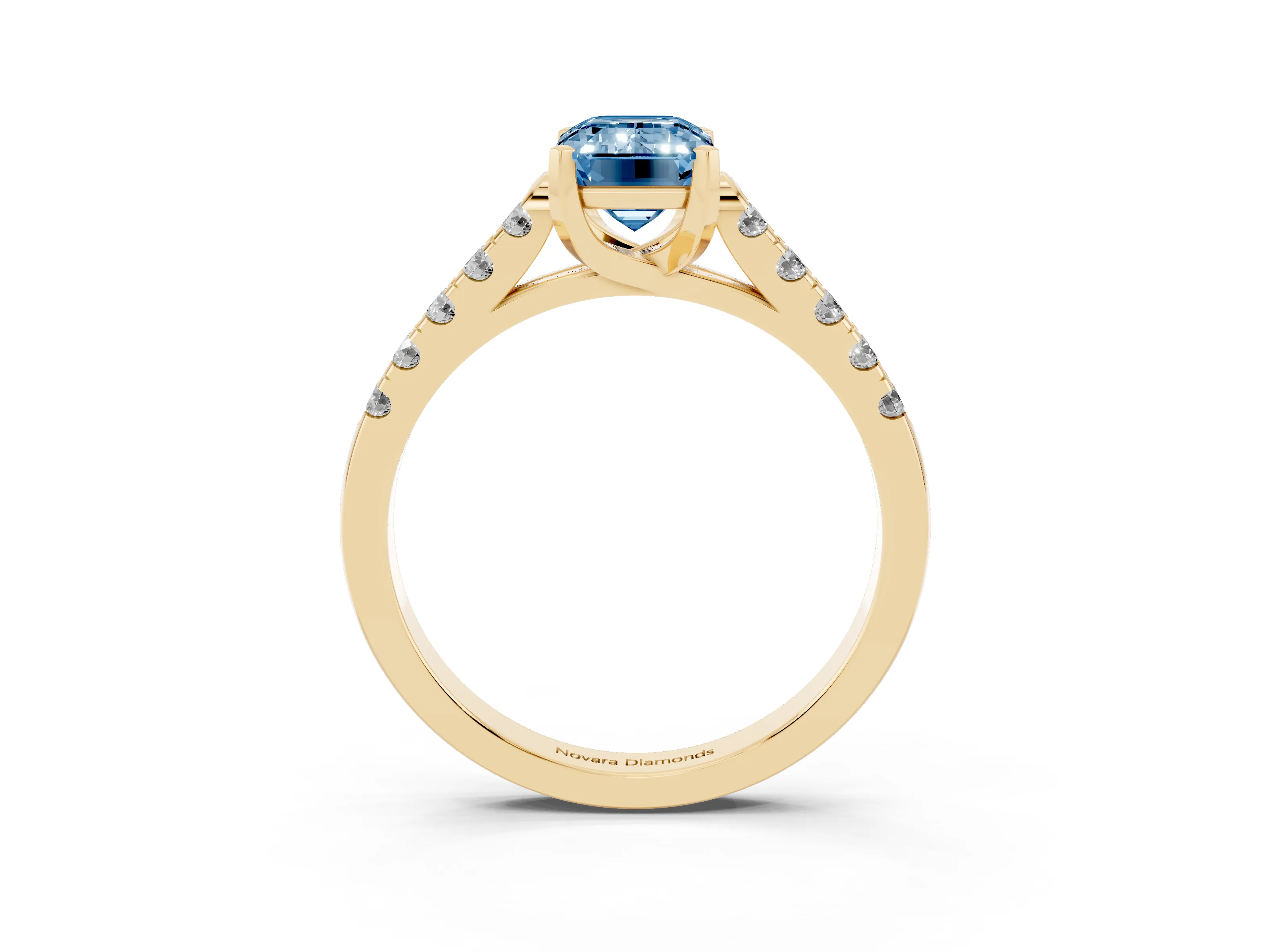 Fancy Blue Emerald Cut Diamond Pavé Band Solitaire Ring Set in Yellow gold with Partway Accent Stones and Prong Setting