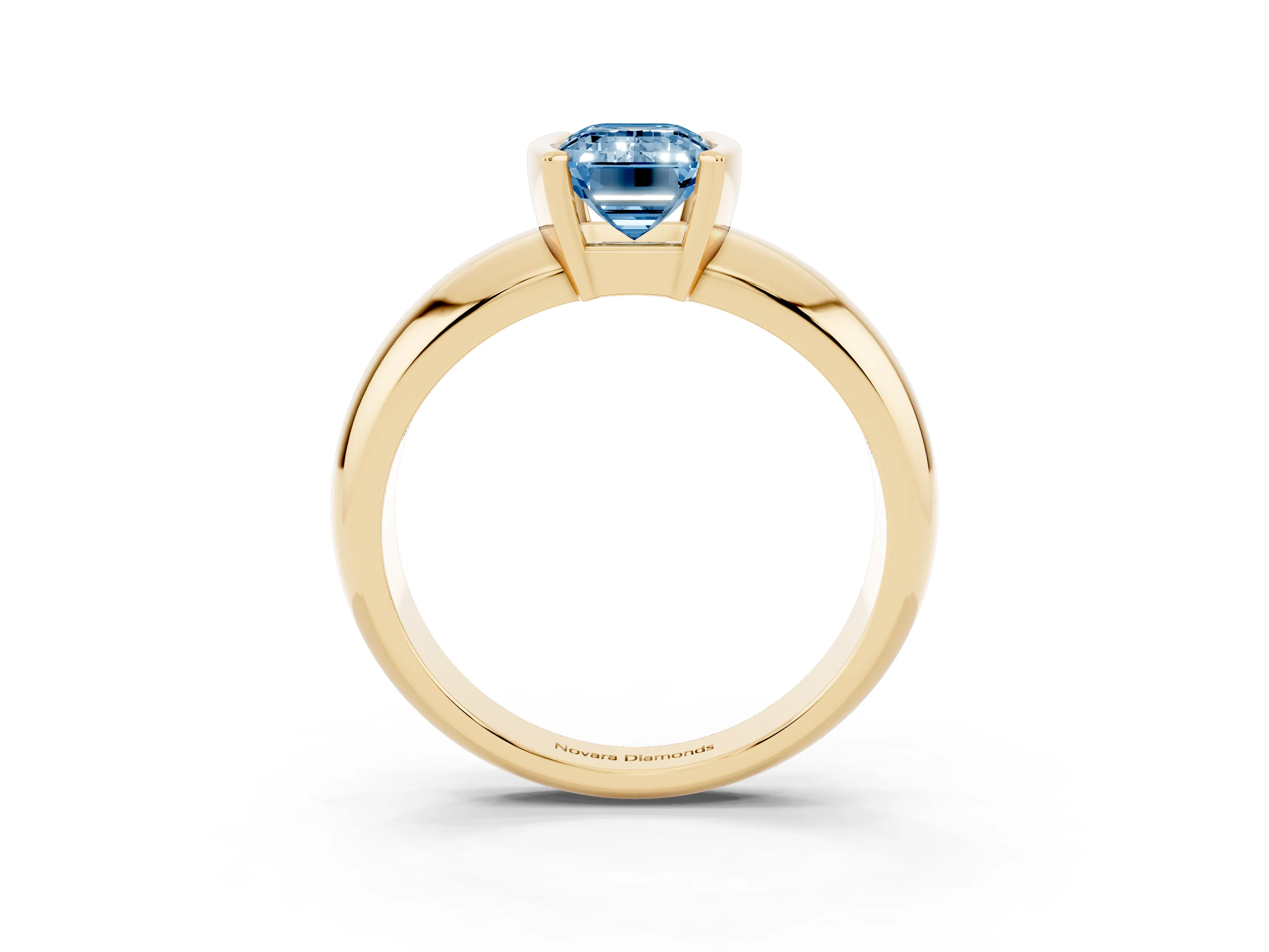 Fancy Blue Emerald Cut Diamond Solitaire Tension Set Ring Set in Yellow gold with Wide Band