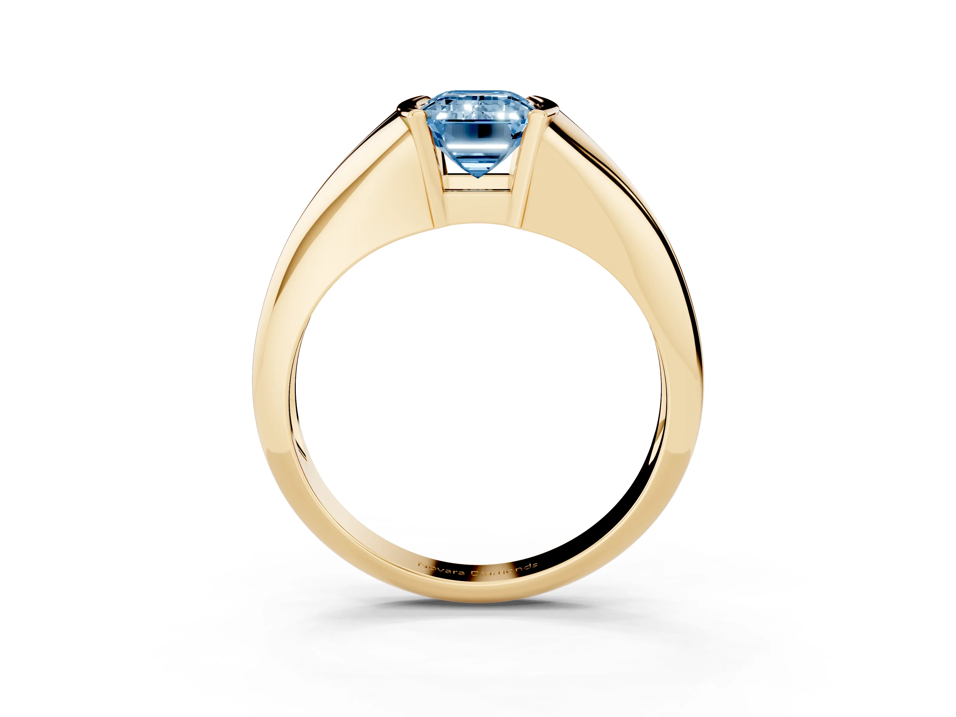 Fancy Blue Emerald Cut Diamond Solitaire Tension Set Ring Set in Yellow gold