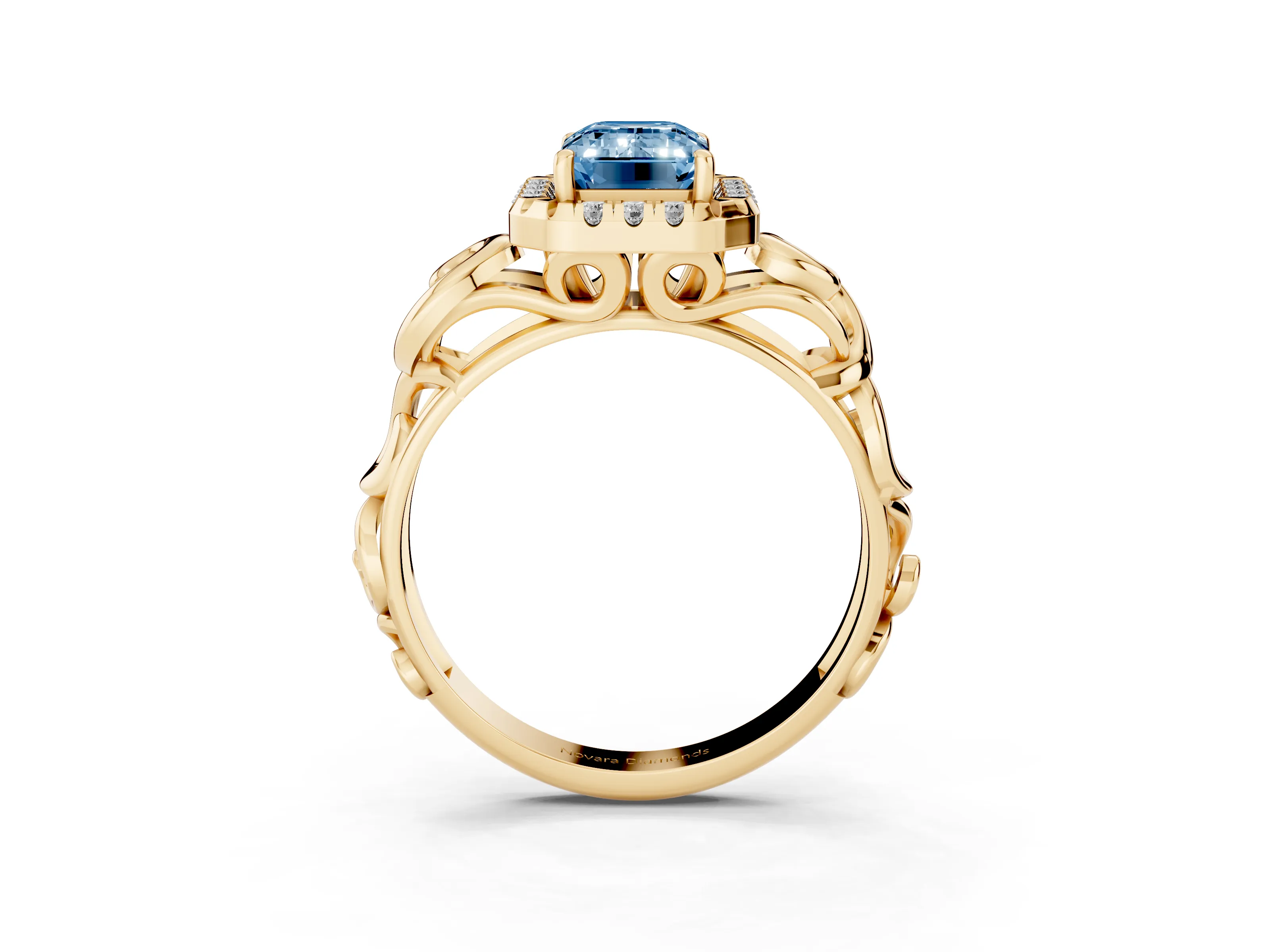 Fancy Blue Emerald Cut Diamond Halo Ring Set in Yellow gold with Scrollwork Band and Prong Setting