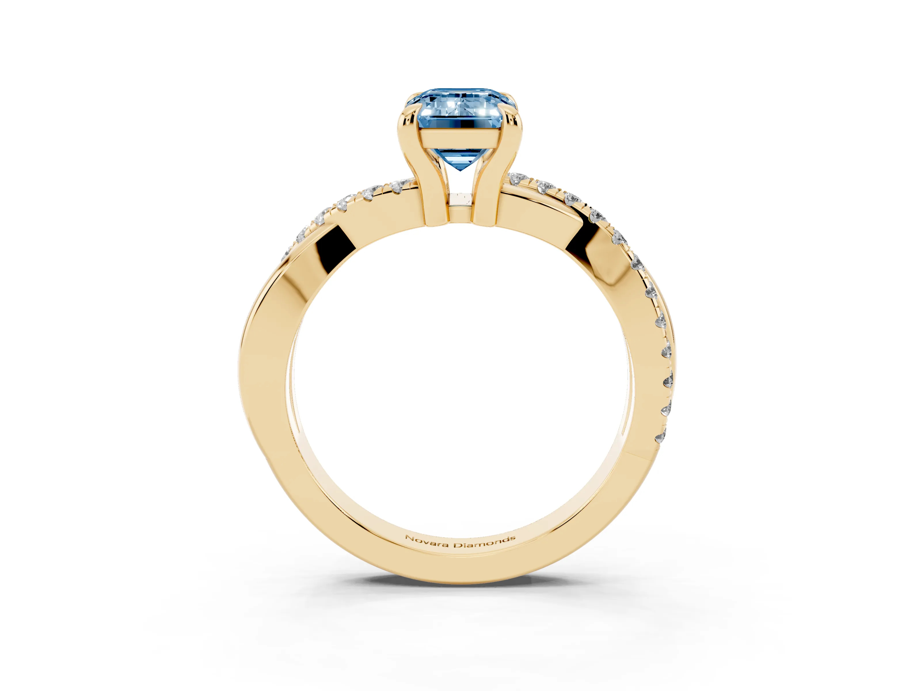 Fancy Blue Emerald Cut Diamond Twist Band Solitaire Set in Yellow gold with Pavé Accents and Prong Setting