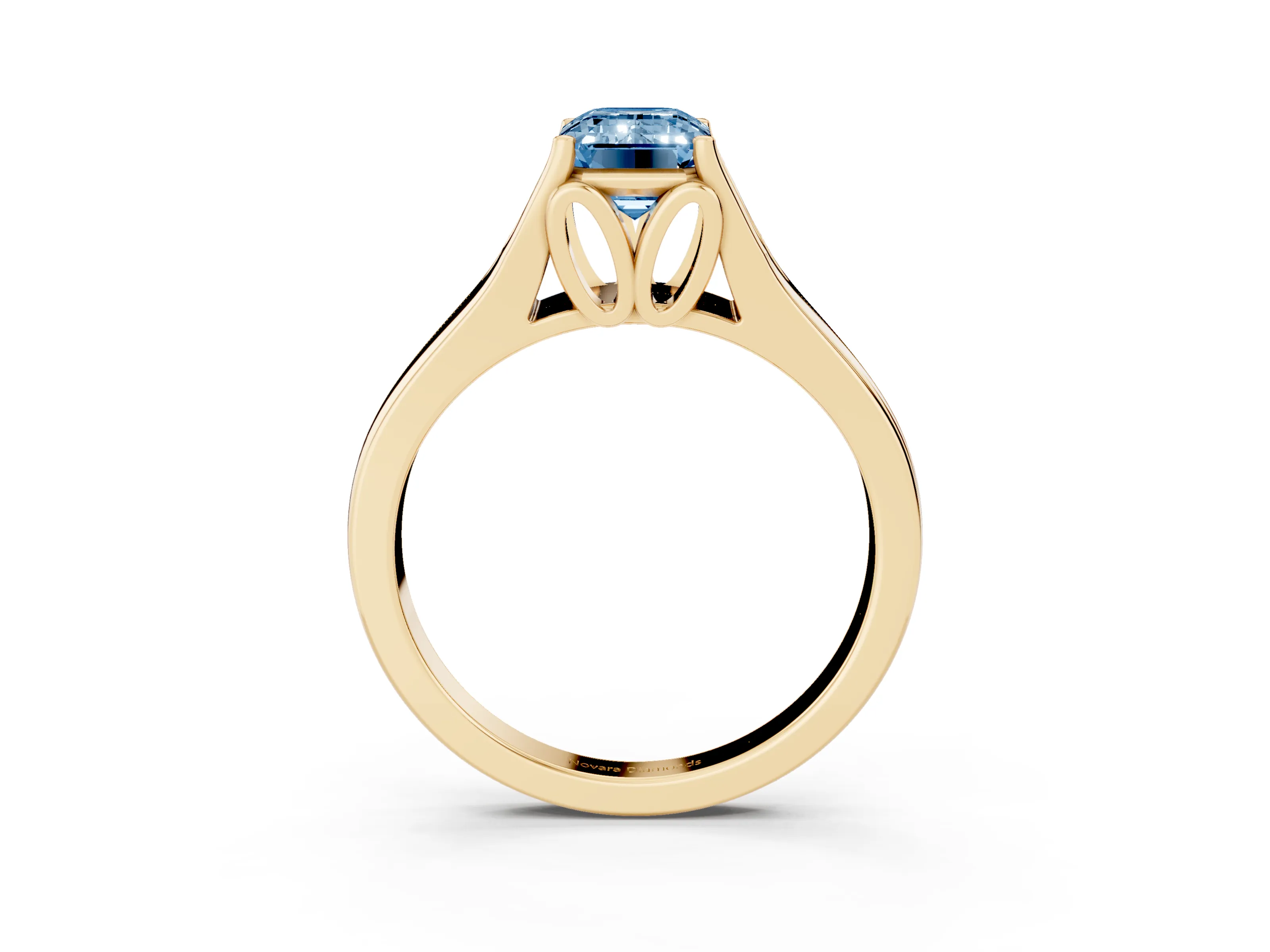 Fancy Blue Emerald Cut Diamond Solitaire Ring Set in Yellow gold with Arched Cathedral Band and Prong Setting