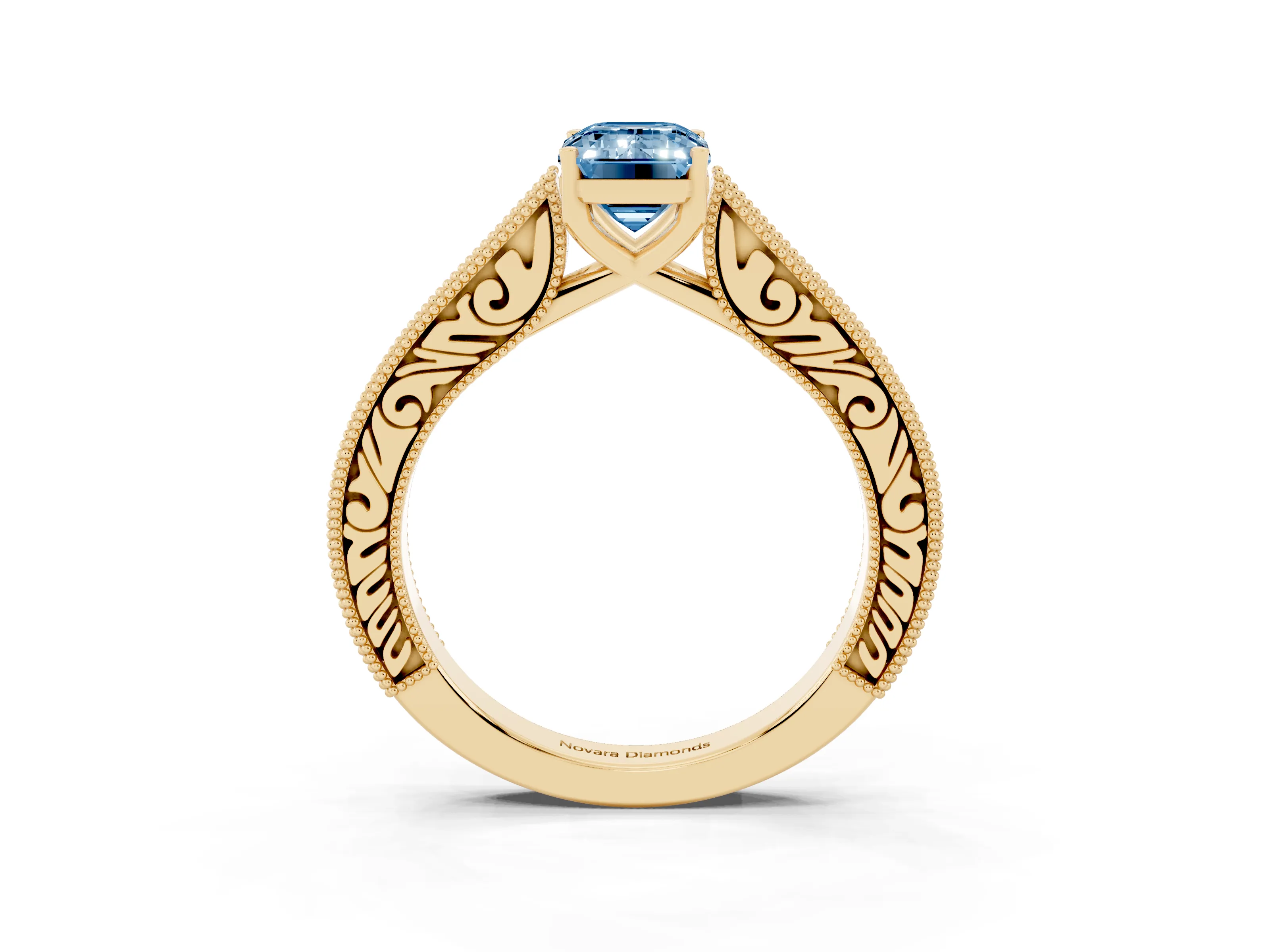 Fancy Blue Emerald Cut Diamond Milgrain Pavé Band Solitaire Ring Set in Yellow gold with Prong Setting