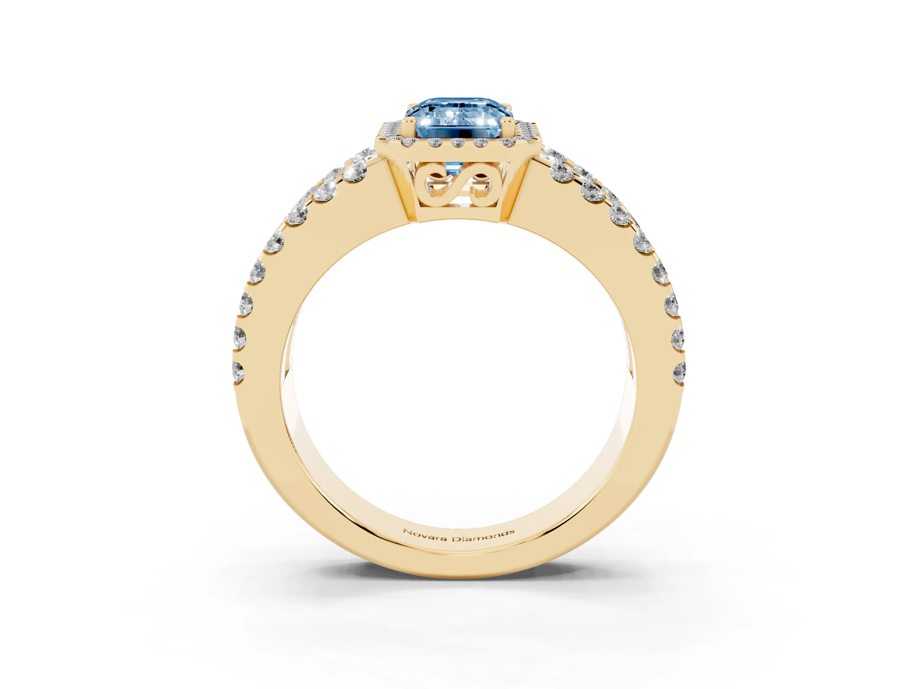 Fancy Blue Emerald Cut Diamond Halo Ring Set in Yellow gold with Pavé Split Shank and Prong Setting