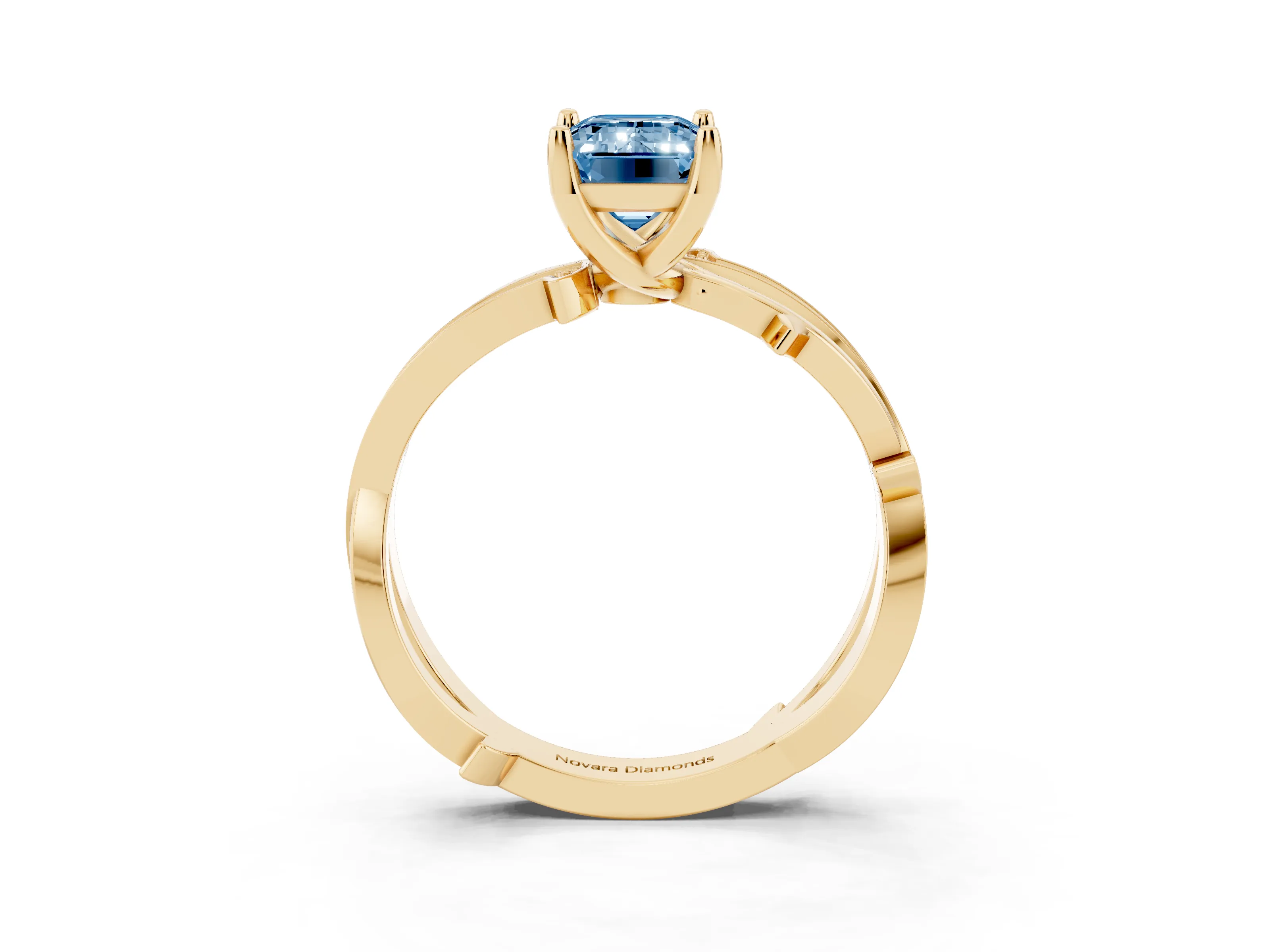 Fancy Blue Emerald Cut Diamond Pavé Twist Band Solitaire Ring Set in Yellow gold with Prong Setting