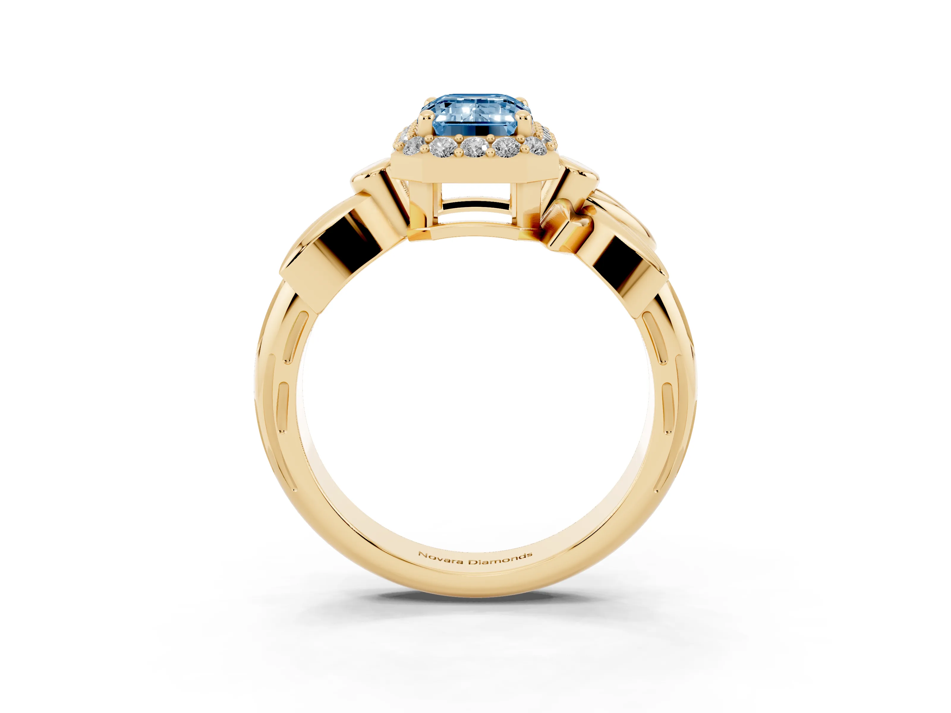 Fancy Blue Emerald Cut Diamond Halo Floral Band Ring Set in Yellow gold with Prong Setting