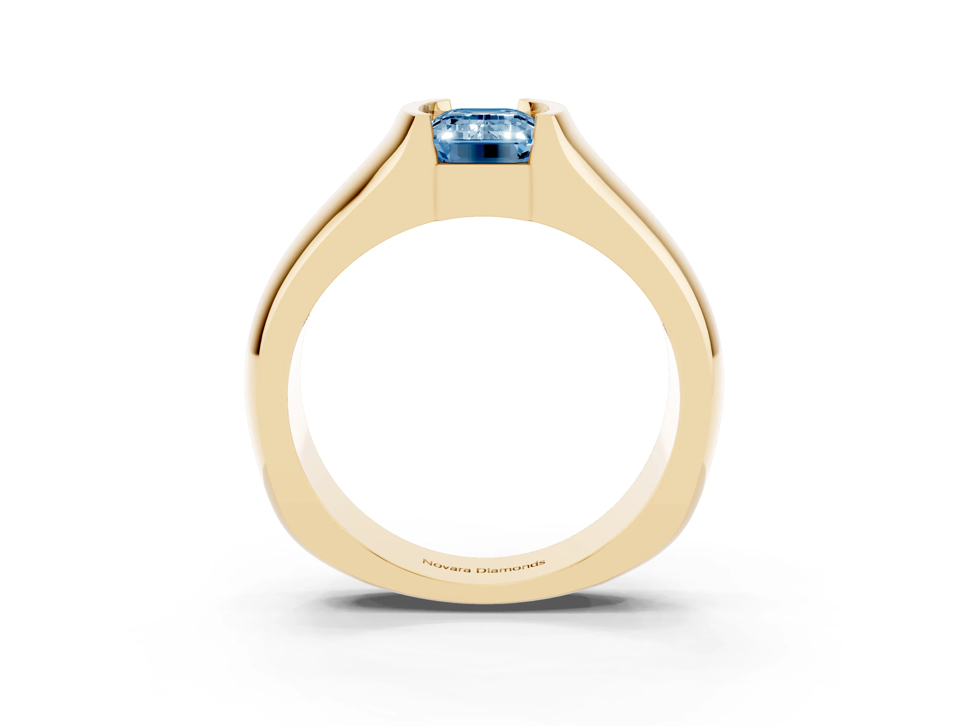 Fancy Blue Emerald Cut Diamond Bezel Solitaire Ring Set in Yellow gold with Wide Band