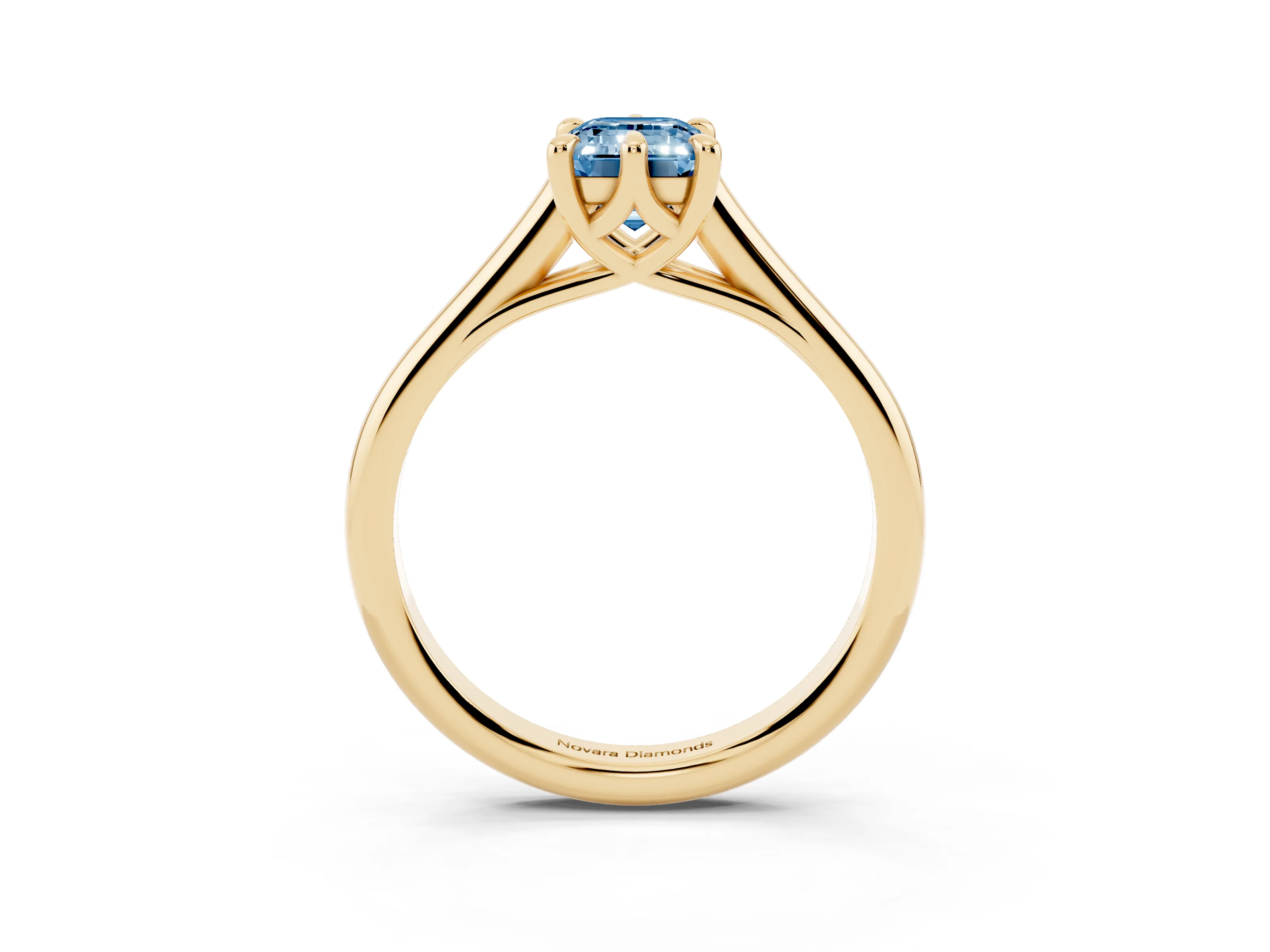 Fancy Blue Emerald Cut Diamond Solitaire Engagement Ring Set in Yellow gold with Prong Setting and Plain Classic Band