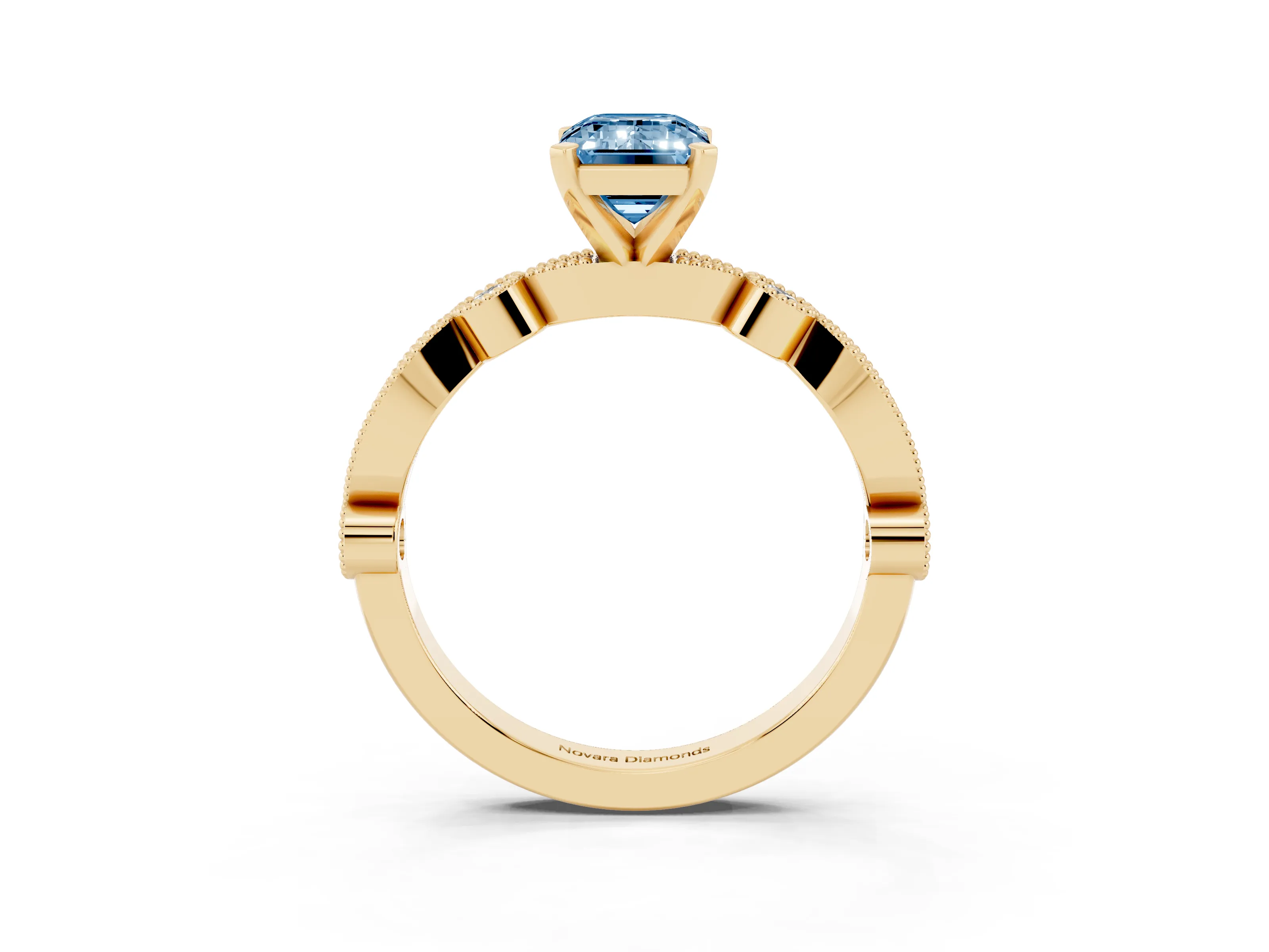 Fancy Blue Emerald Cut Diamond Solitaire Engagement Ring Set in Yellow gold with Milgrain Bezel Accent Band