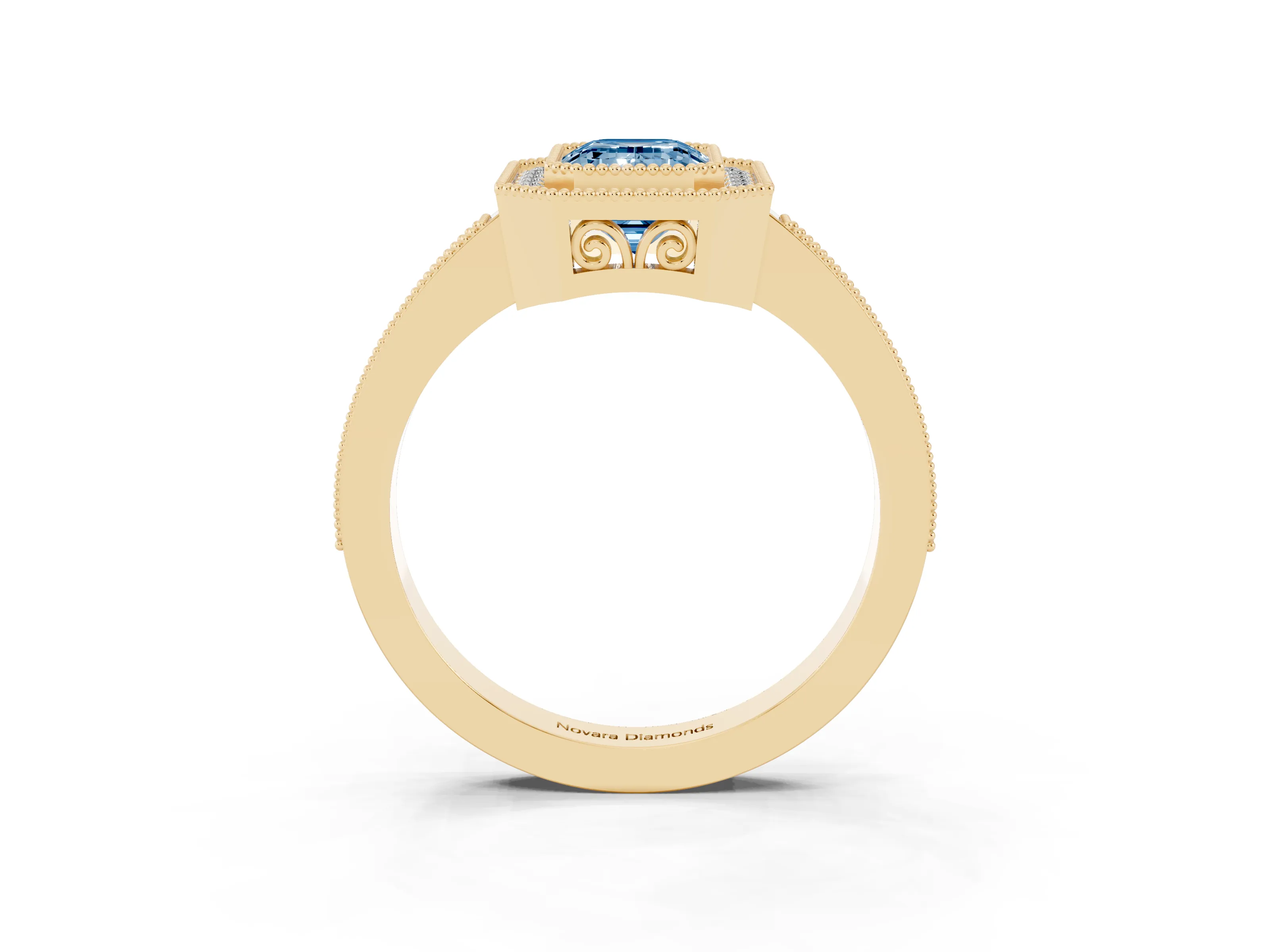 Fancy Blue Emerald Cut Diamond Halo Ring Set in Yellow gold with Pavé Band and Milgrain-Edged Prongs