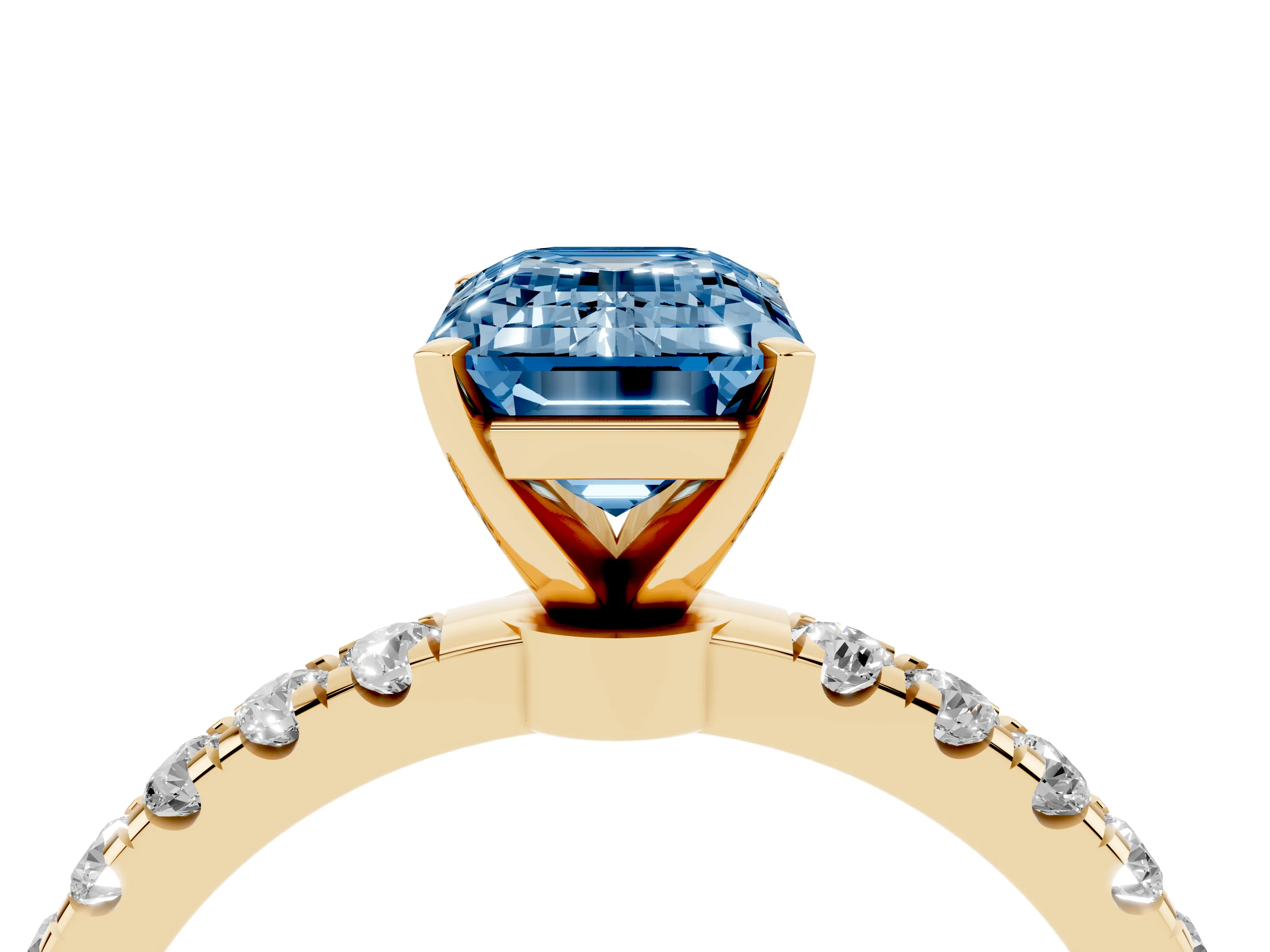 Fancy Blue Emerald Cut Diamond Solitaire Ring Set in Yellow gold with Pavé Accents and Prong Setting