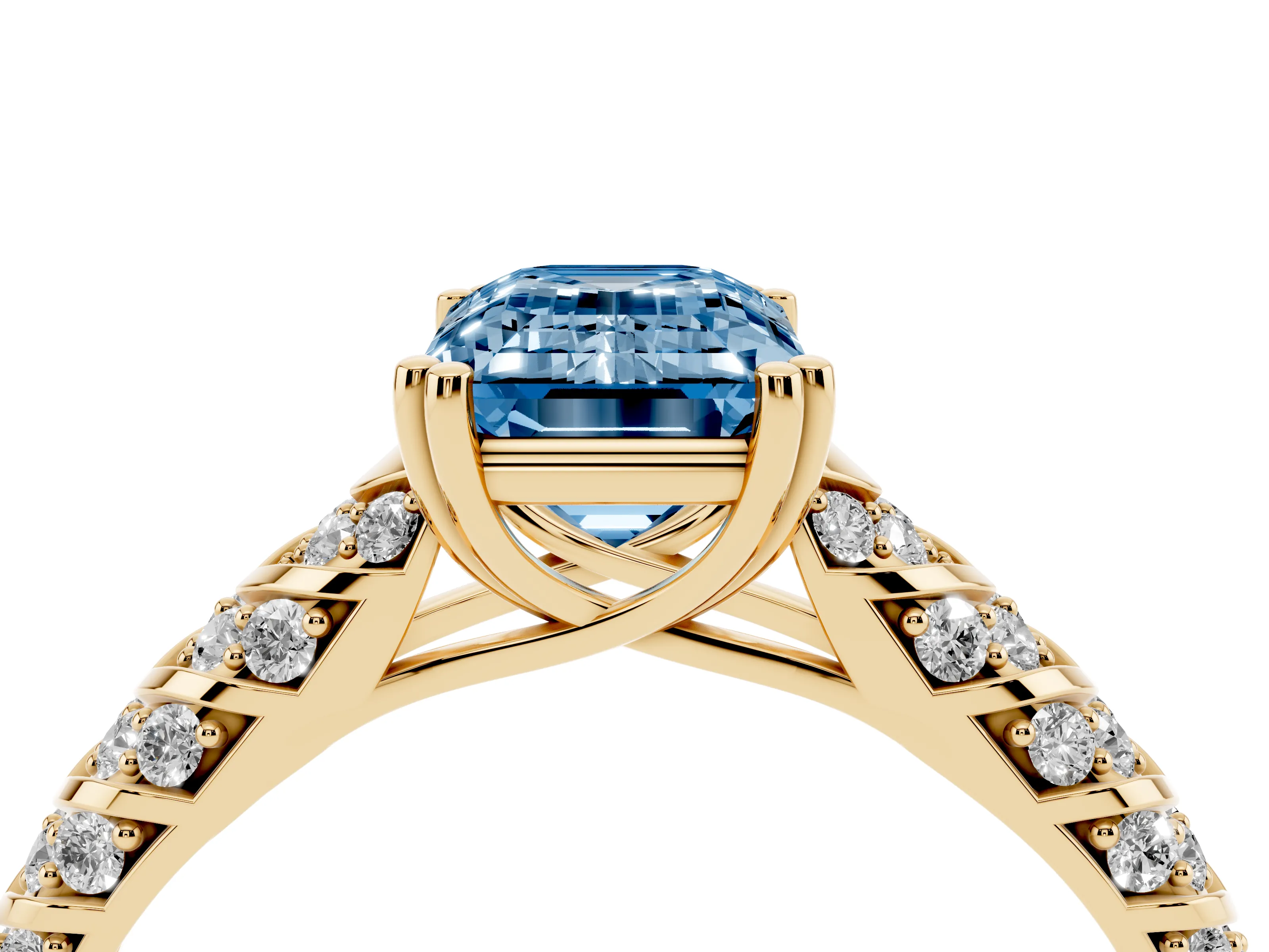 Fancy Blue Emerald Cut Diamond Solitaire Chevron Pavé Engagement Ring Set in Yellow gold with Prong Setting