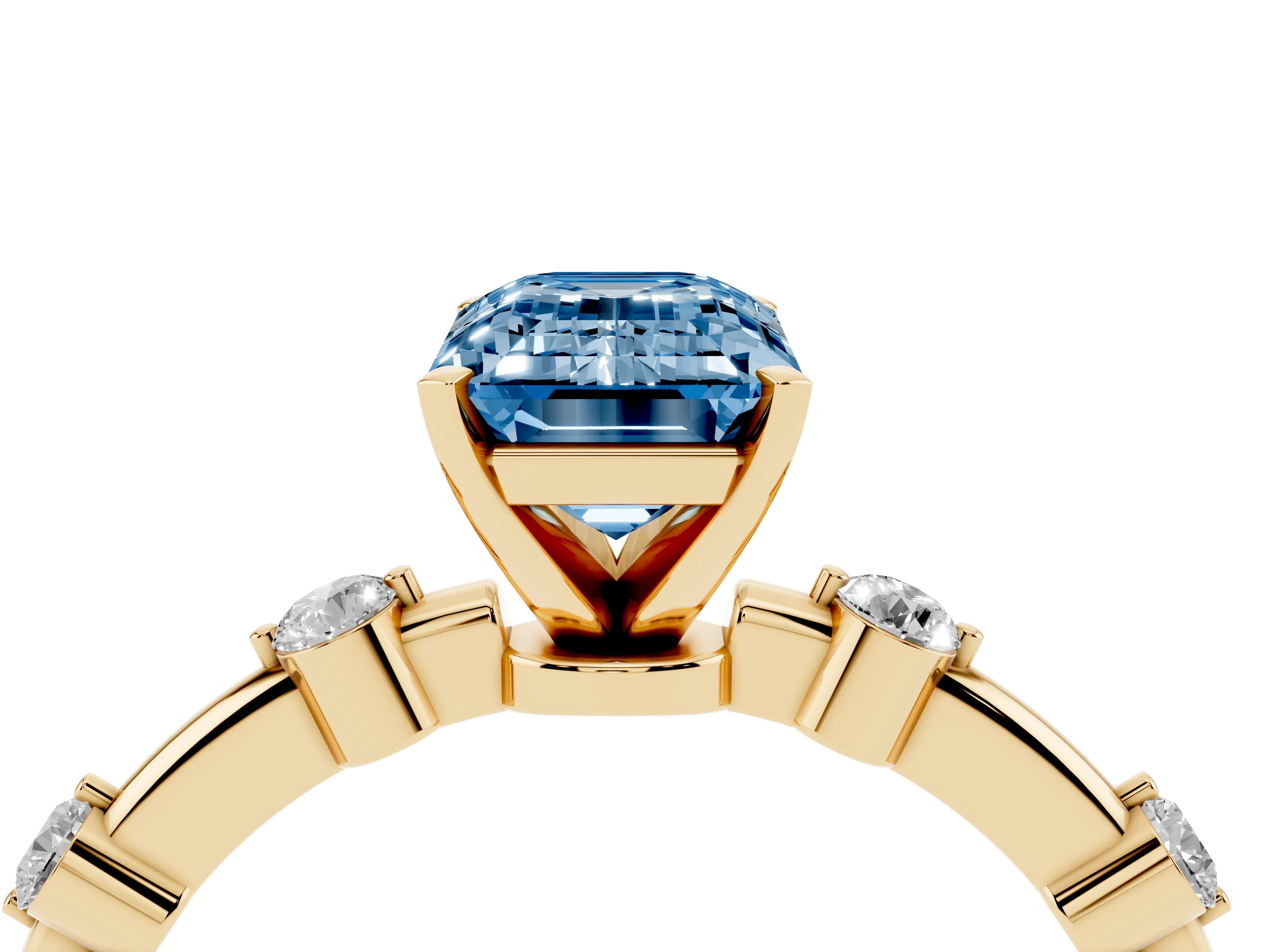 Fancy Blue Emerald Cut Diamond Solitaire Ring Set in Yellow gold with Bezel Set Side Stones and Prong Setting