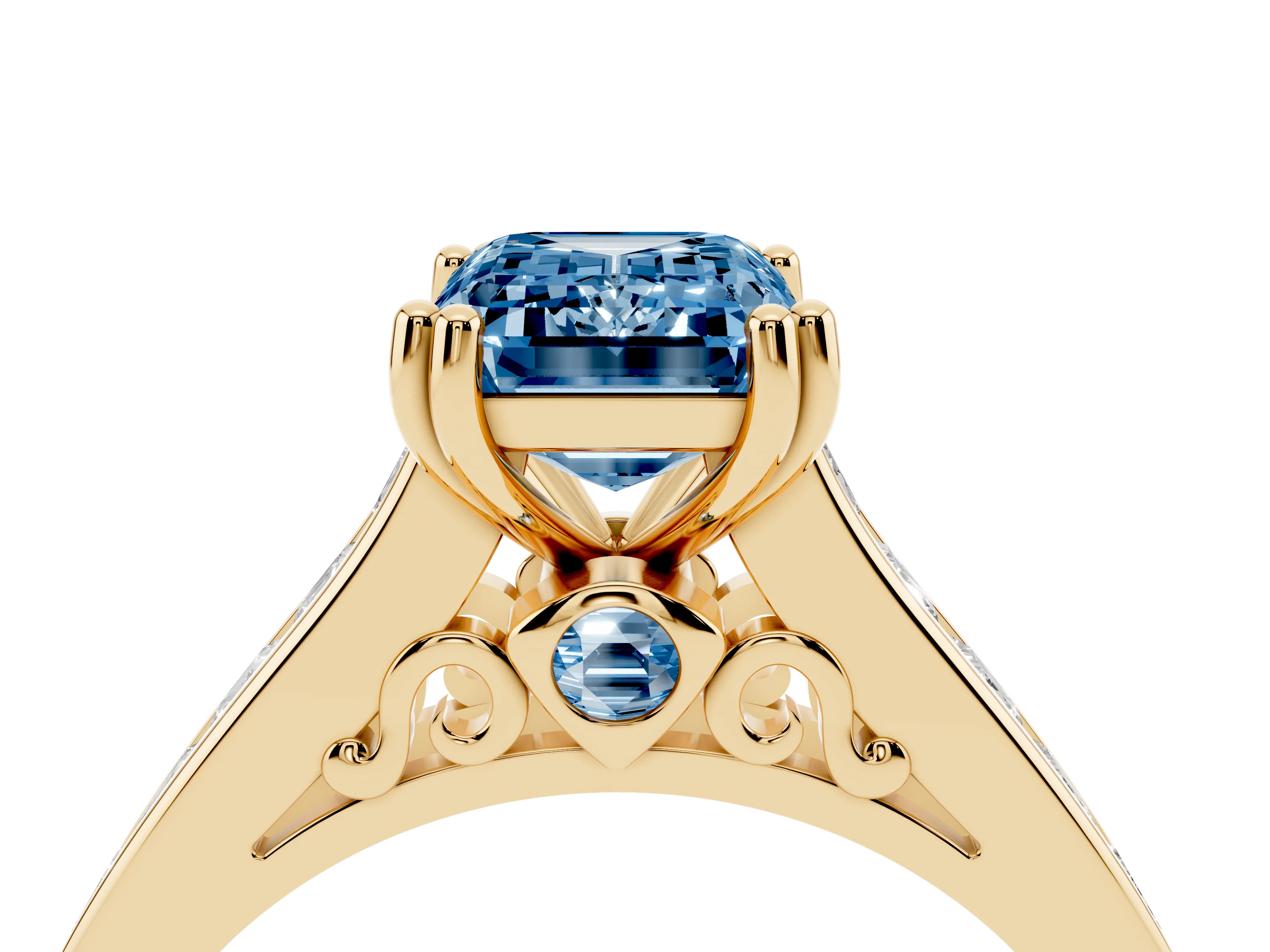 Fancy Blue Emerald Cut Diamond Channel Set Solitaire Engagement Ring Set in Yellow gold with Prong Setting