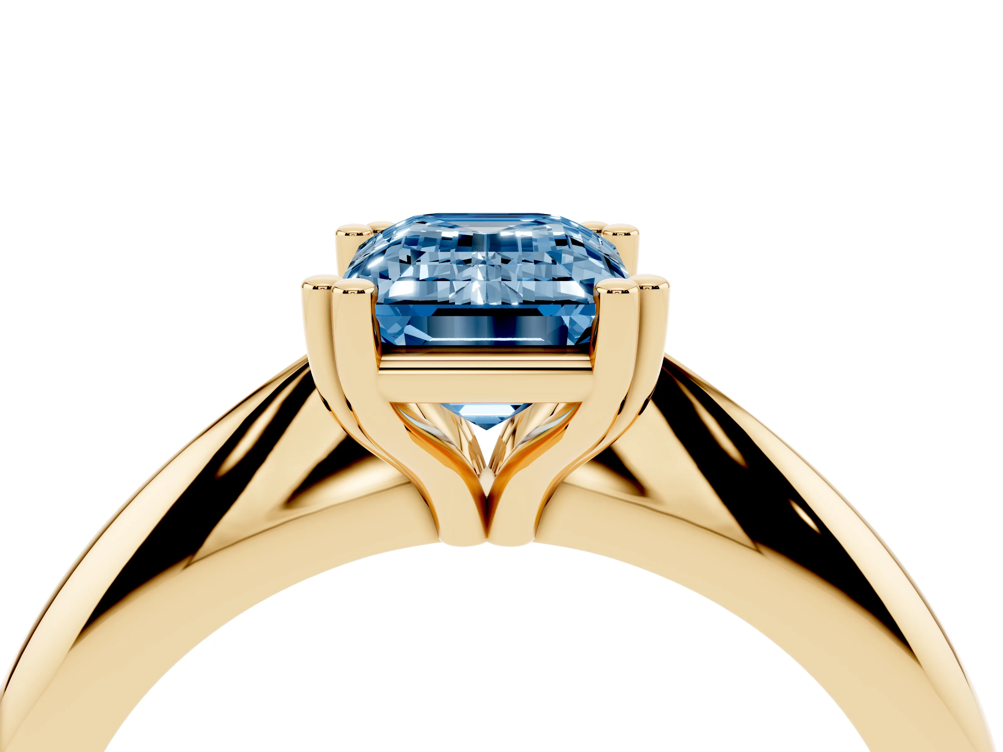Fancy Blue Emerald Cut Diamond Solitaire Engagement Ring Set in Yellow gold with Tapered Band and Prong Setting
