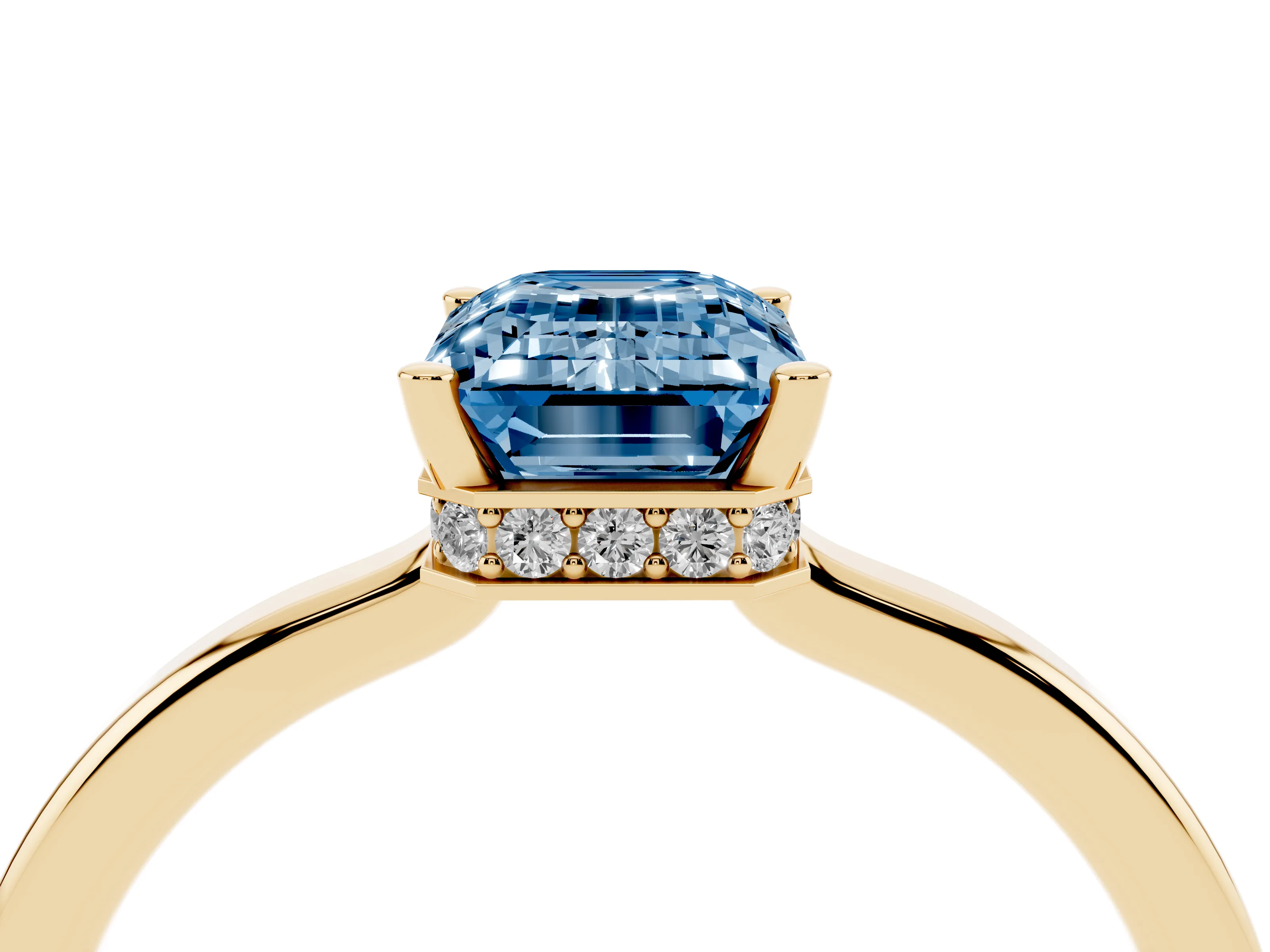 Fancy Blue Emerald Cut Diamond Solitaire Engagement Ring Set in Yellow gold with Prong Setting on a Plain Band