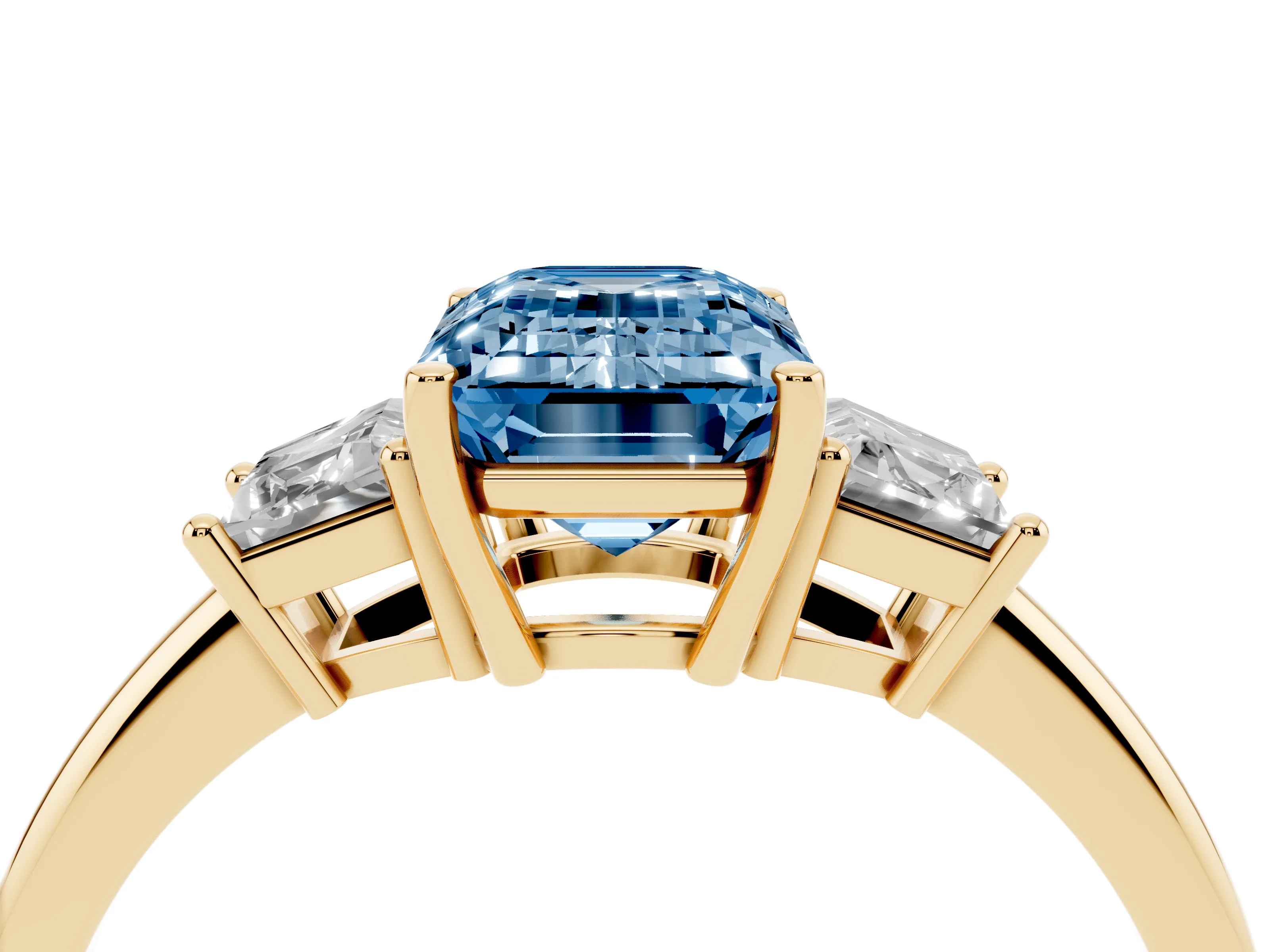 Fancy Blue Emerald Cut Diamond Three-Stone Ring Set in Yellow gold with Trapezoid Side Stones and Prong Setting
