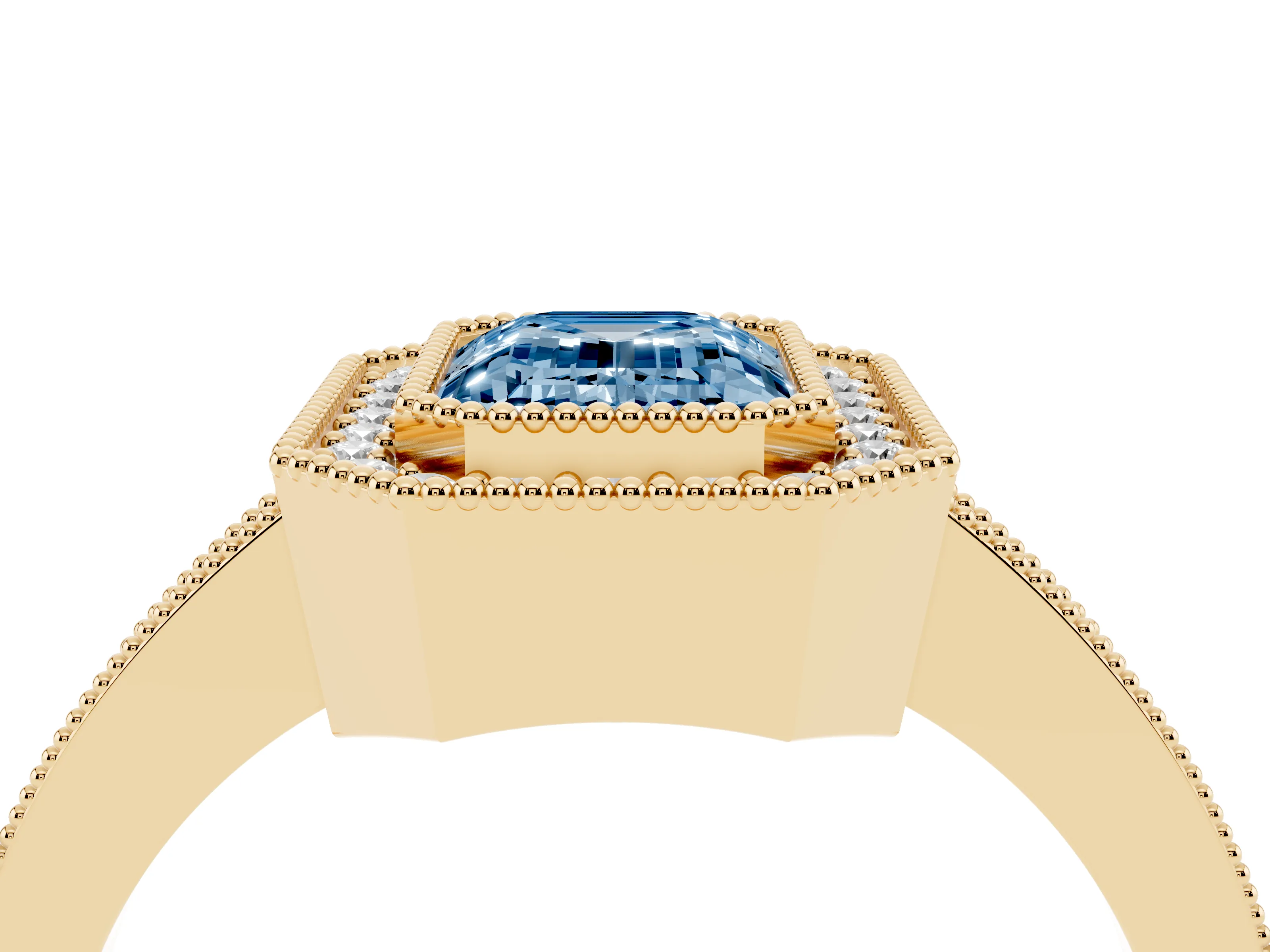 Fancy Blue Emerald Cut Diamond Halo Engagement Ring Set in Yellow gold with Pavé Band and Round Halo Stones