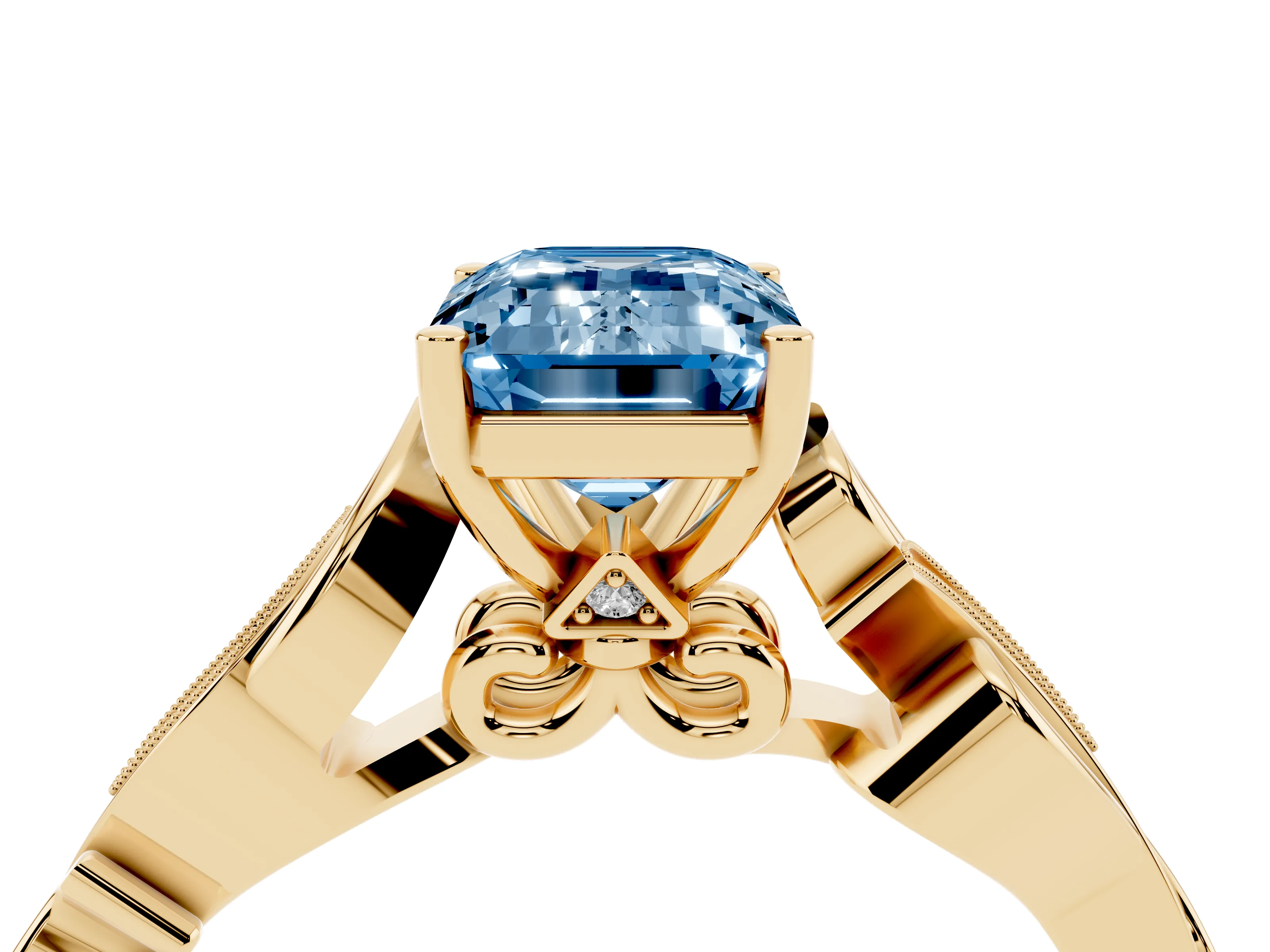 Fancy Blue Emerald Cut Diamond Vine Band Solitaire Ring Set in Yellow gold with Milgrain Prong Setting