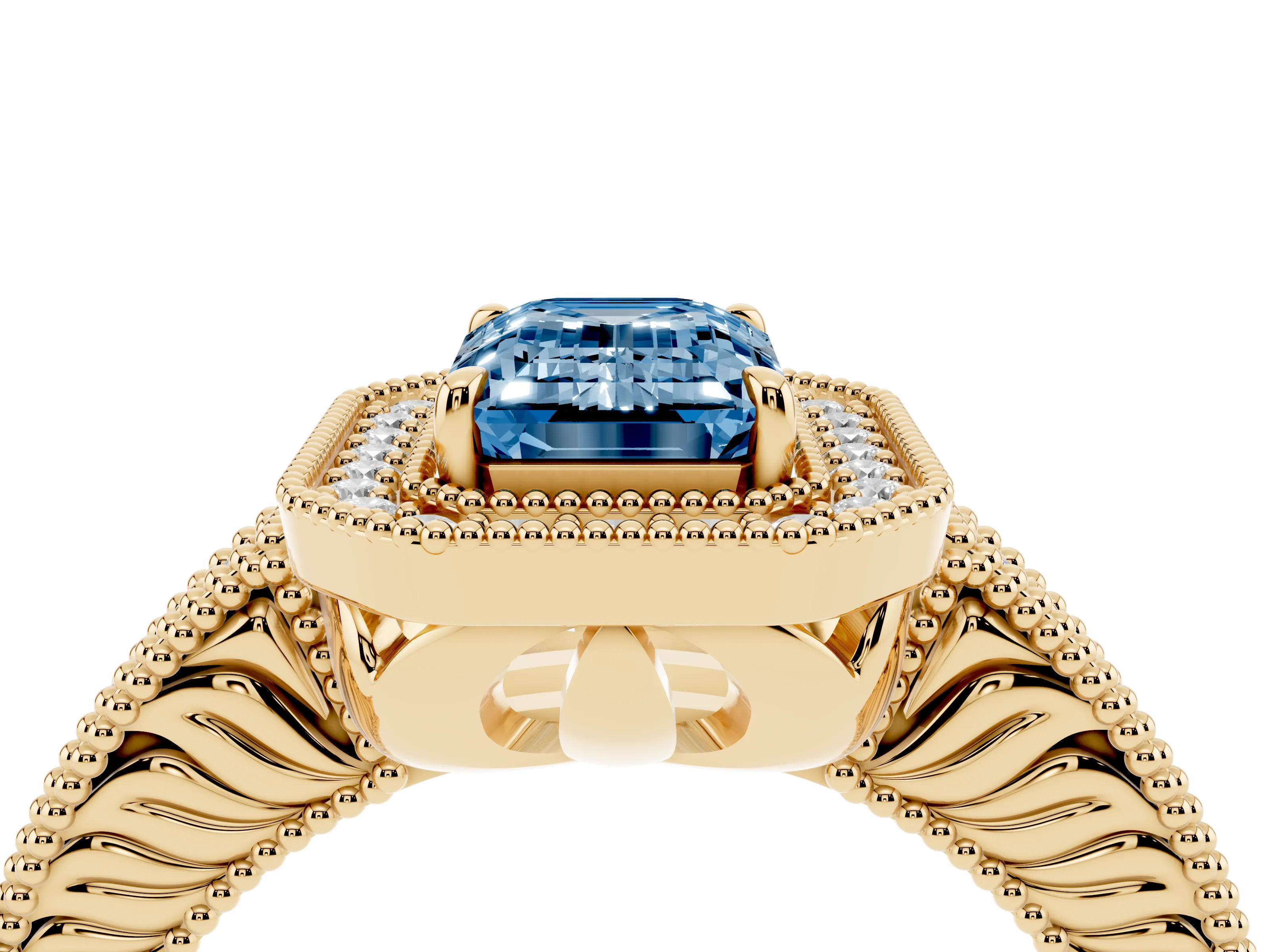 Fancy Blue Emerald Cut Diamond Halo Ring Set in Yellow gold with Round Accent Halo, Pavé Band and Prong Setting