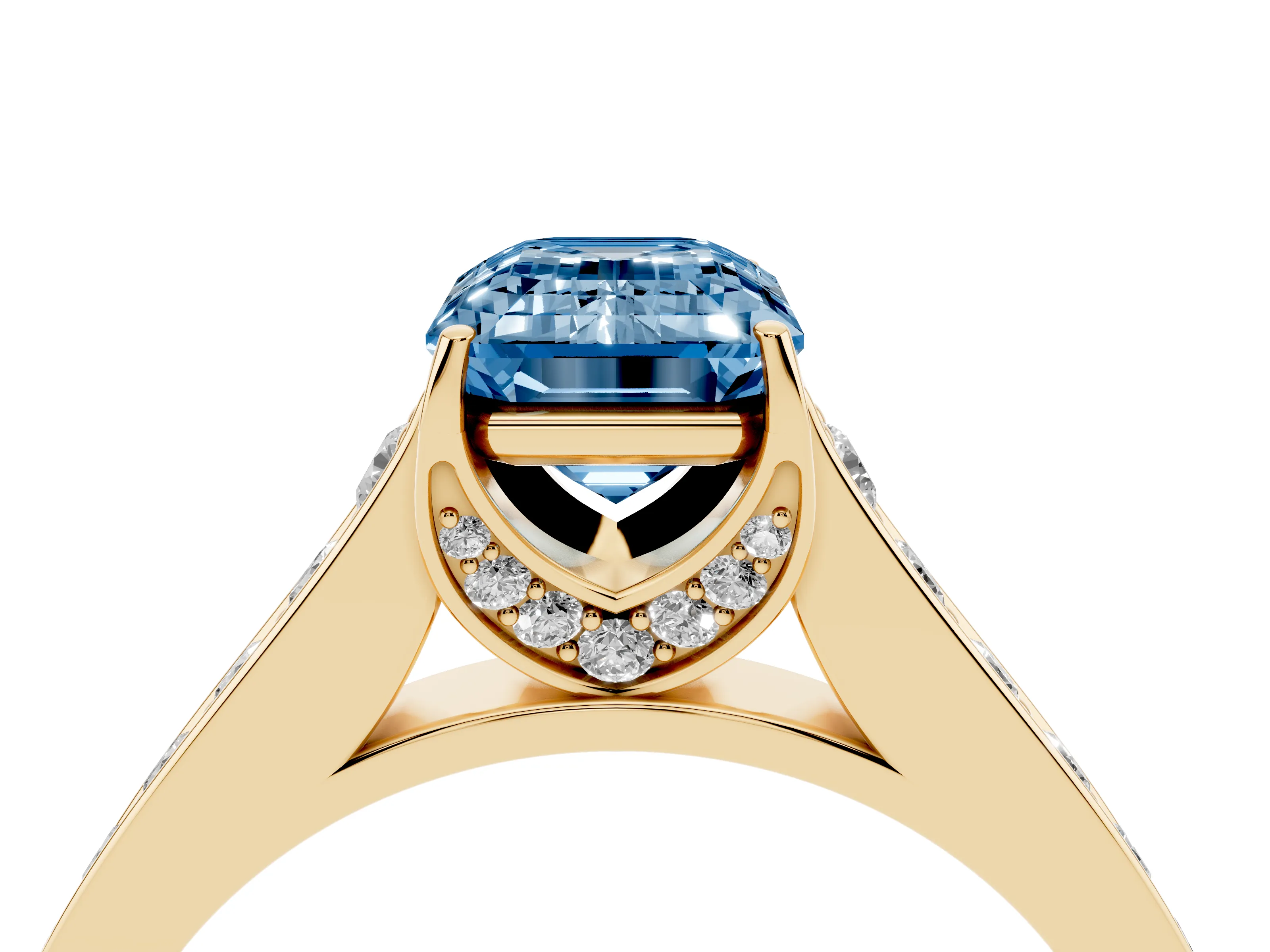 Fancy Blue Emerald Cut Diamond Solitaire Pavé Engagement Ring Set in Yellow gold with Prong Setting